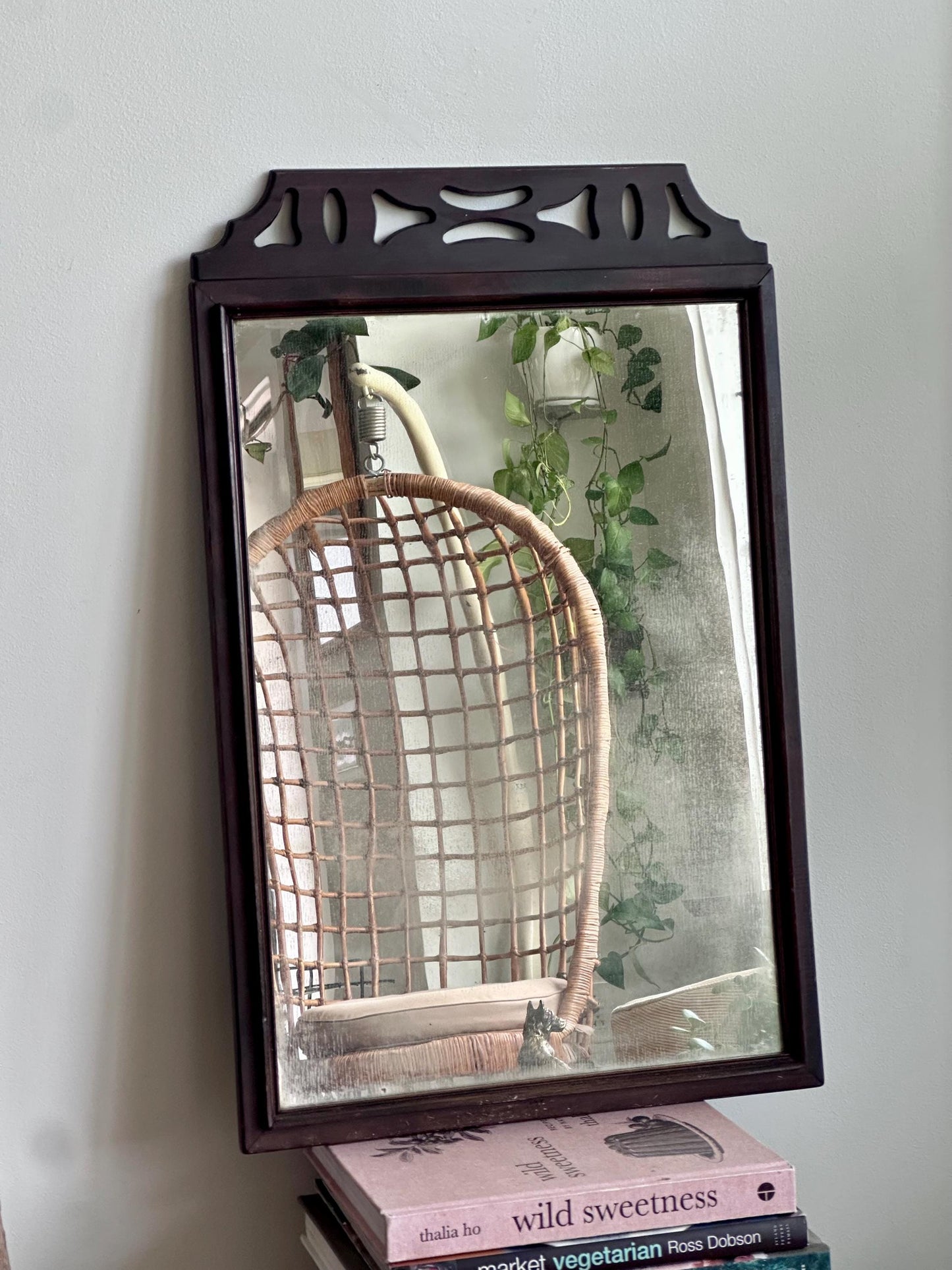 Antique Rectangular Wall Mirror with Fretwork Top