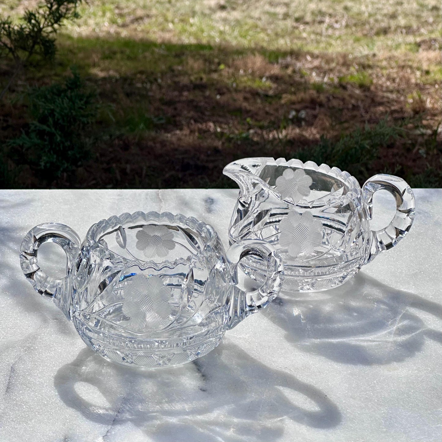 antique crystal creamer sugar bowl set american brilliant period floral cut pattern with starburst base – vintage antique home decor from Mid Hudson Vintage