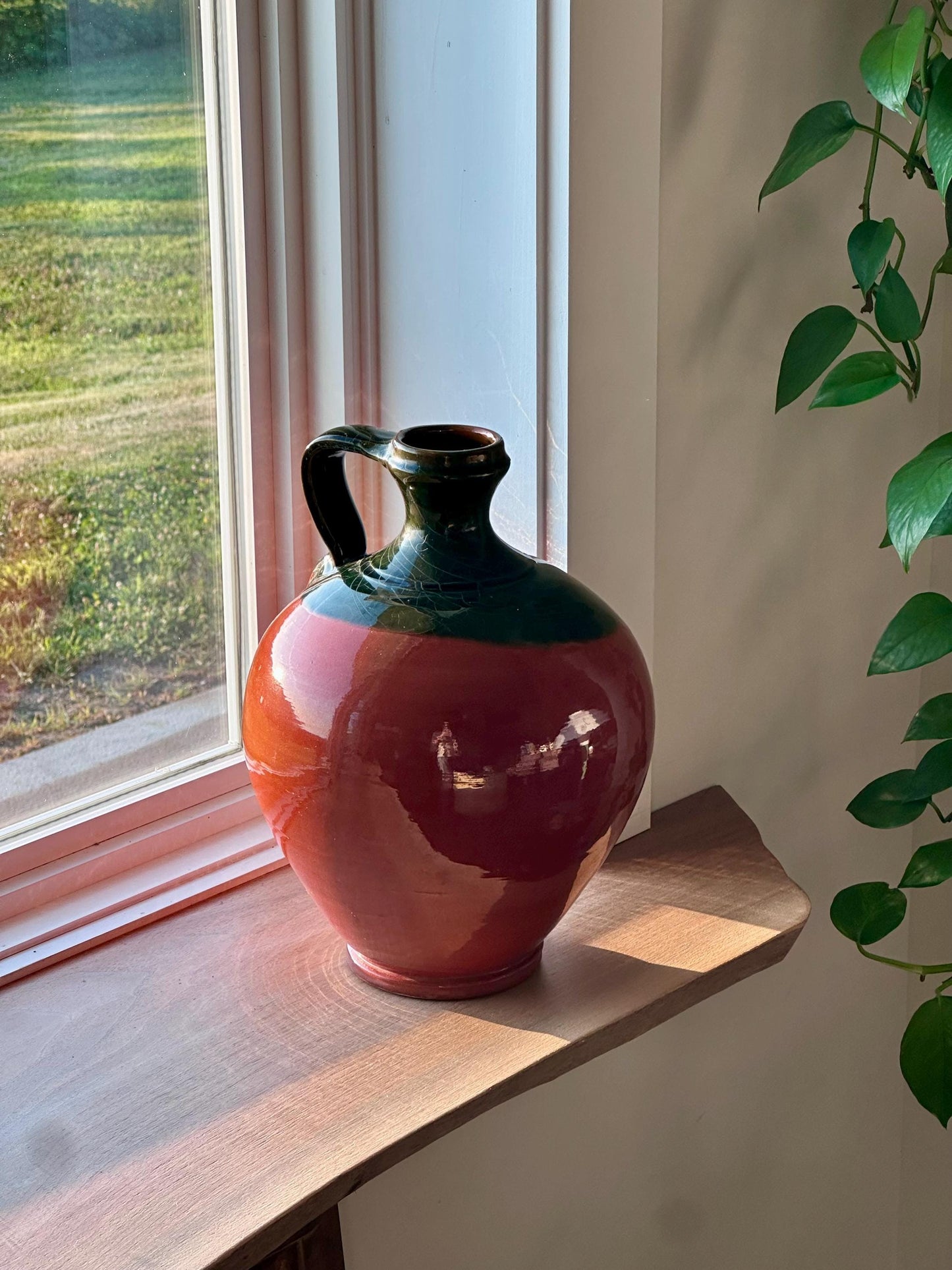 Large Vintage Redware Pitcher – Drip Glaze Handle Jug