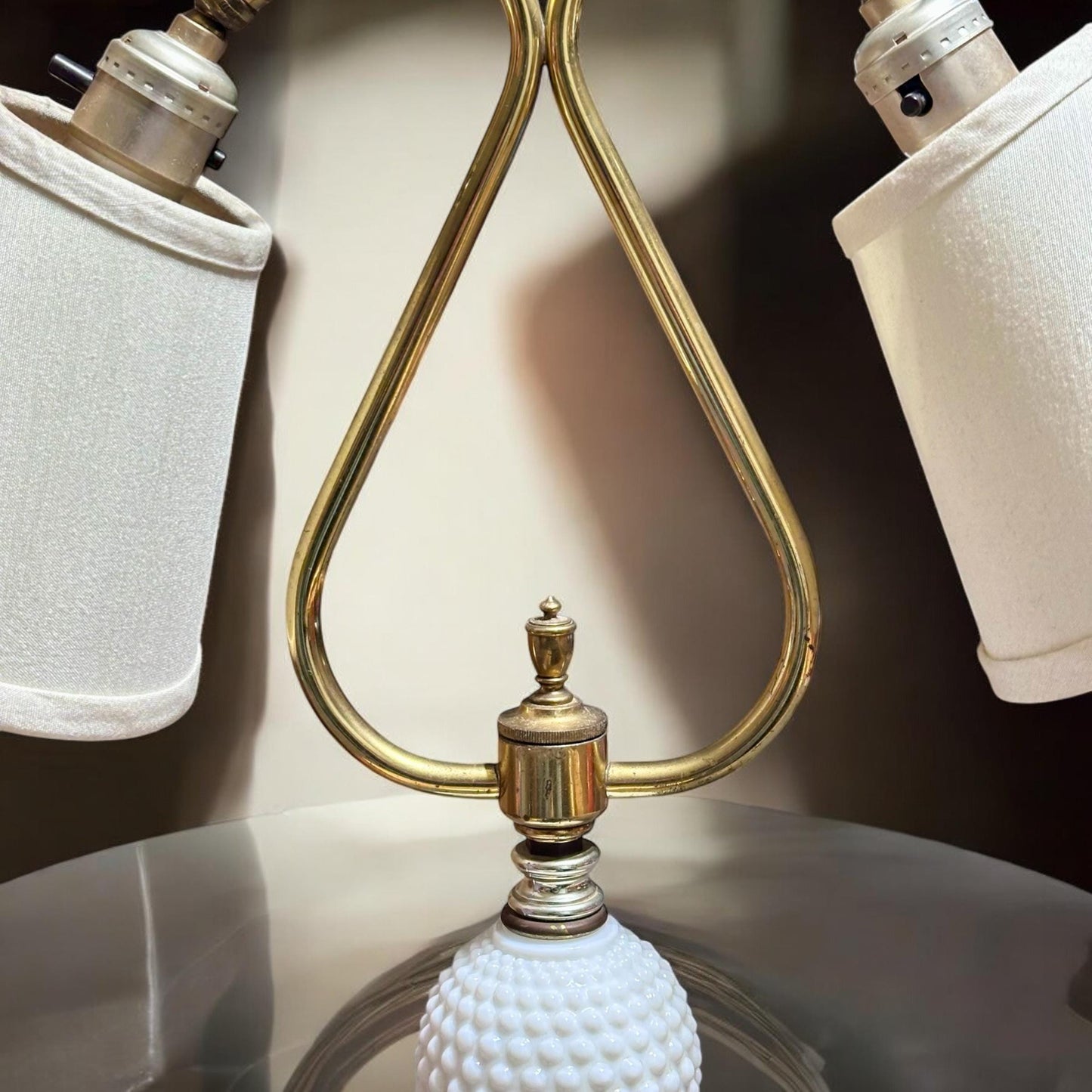 Vintage Hobnail Milk Glass Double-Arm Adjustable Lamp with Brass Accents – Dual Light, Working Condition