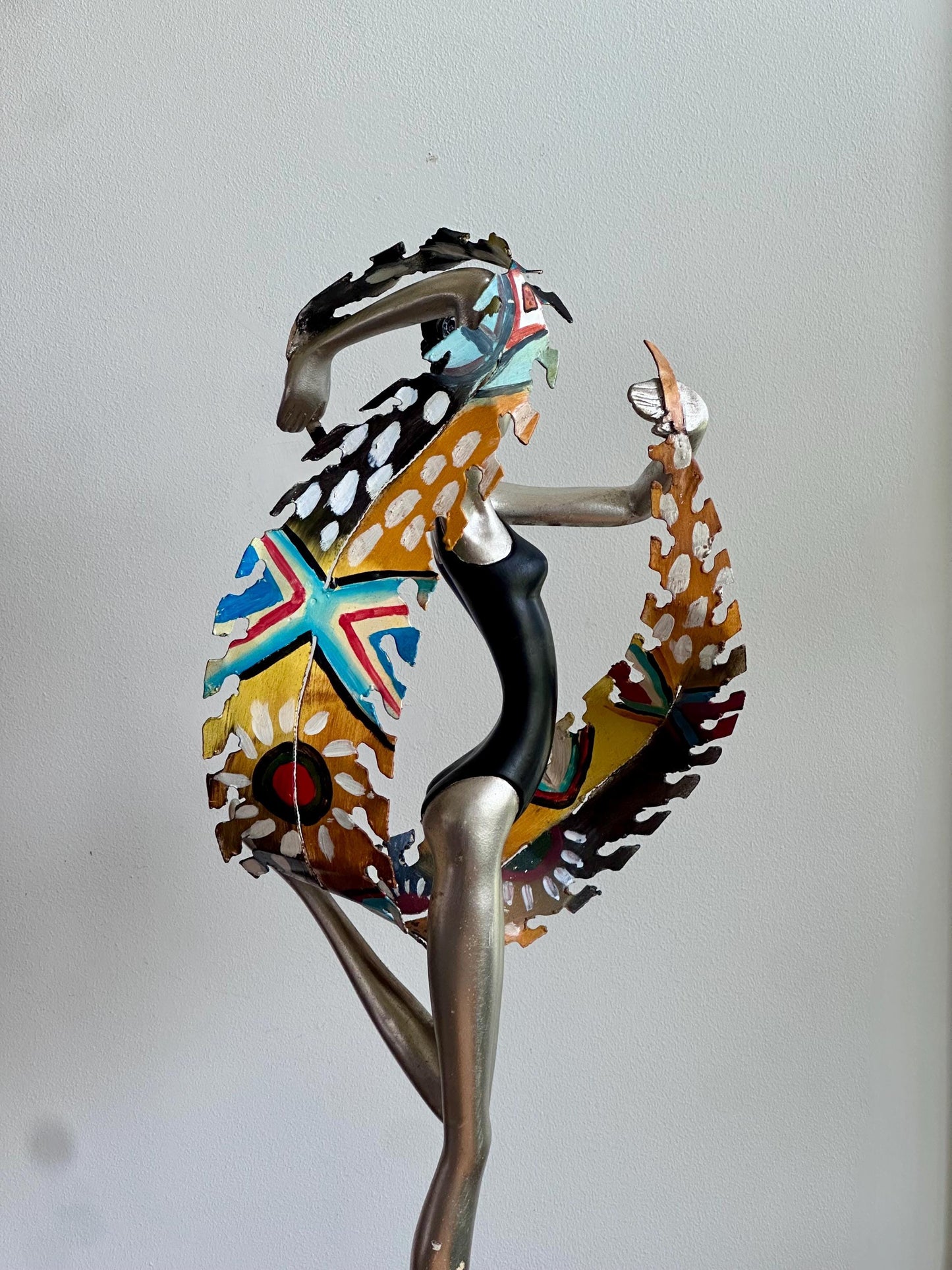 Hand-Painted Modernist Dancer Sculpture – Silver and Black with Abstract Multicolor Scarf