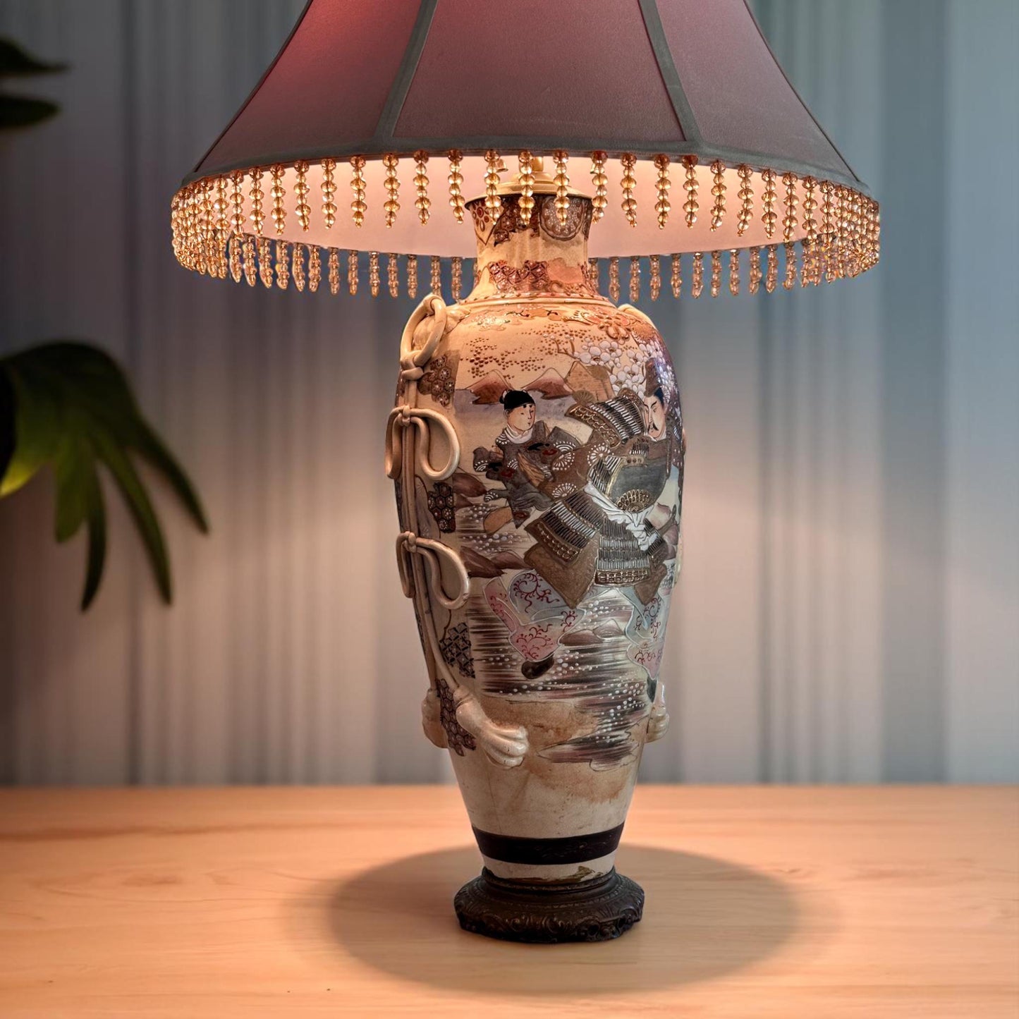 Antique Japanese Satsuma-Style Samurai Vase Lamp – Hand-Painted, Moriage Detailing