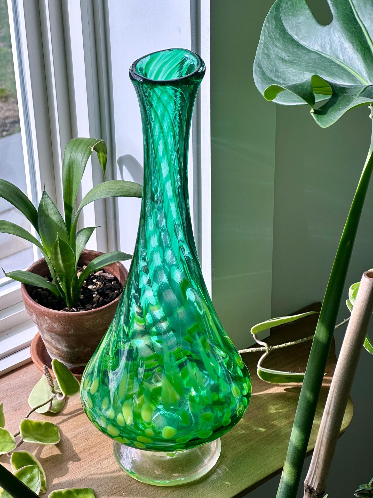 Large Vintage Hand Blown Art Glass Vase / Decanter – Emerald Green with Swirling Yellow Spots – Mid-Century Style