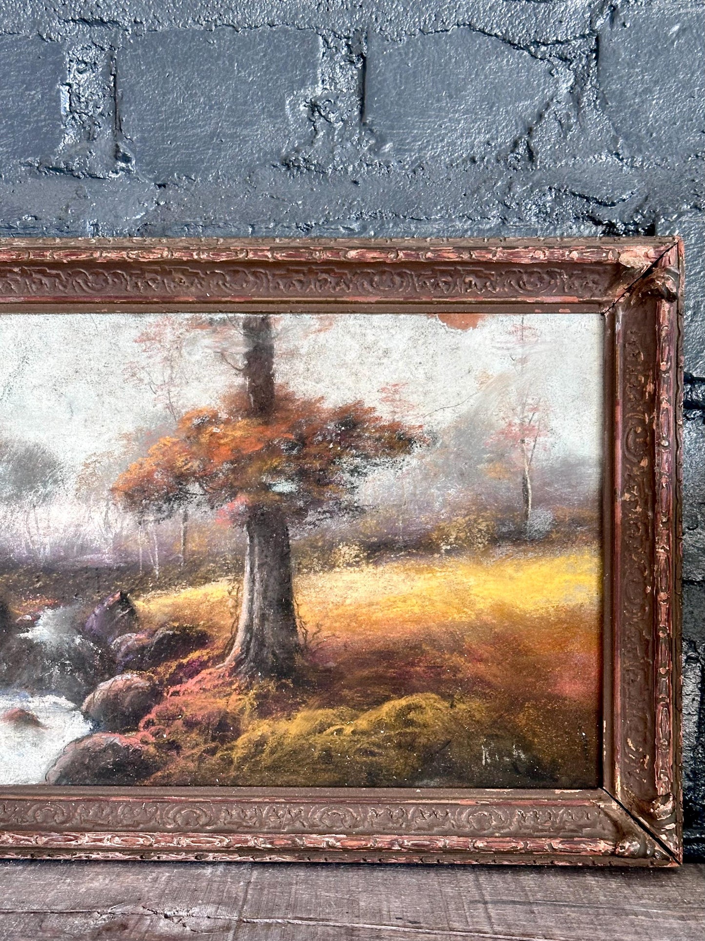 Antique Oil Pastel Landscape Painting | Vintage Framed Autumn Scene | Victorian Era Impressionist Artwork
