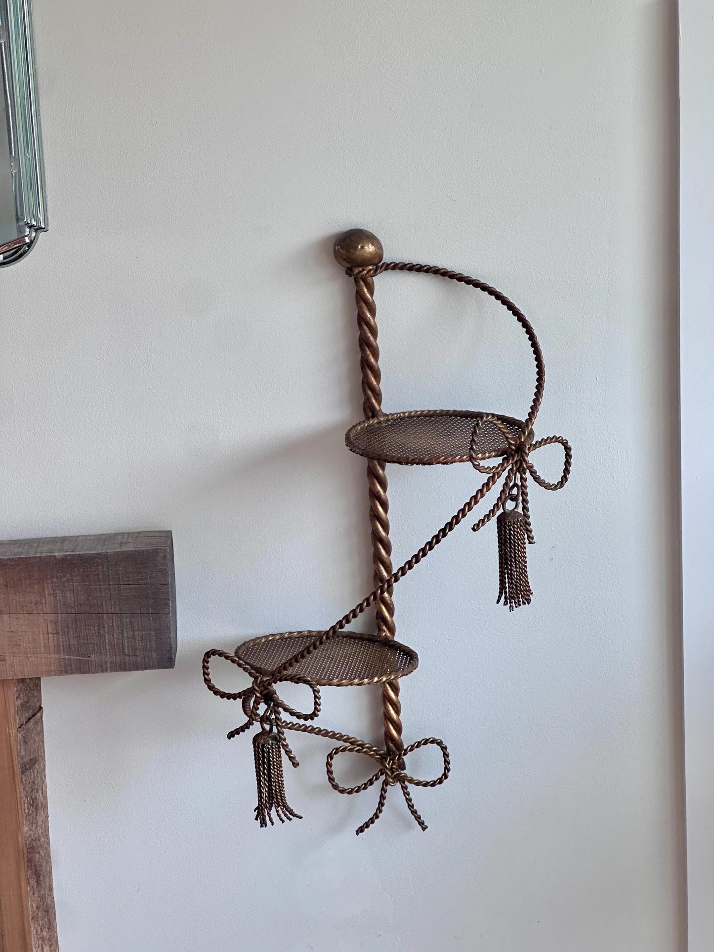 Vintage Hollywood Regency Brass Wall Shelf with Tassel and Bow Design - Made in Italy