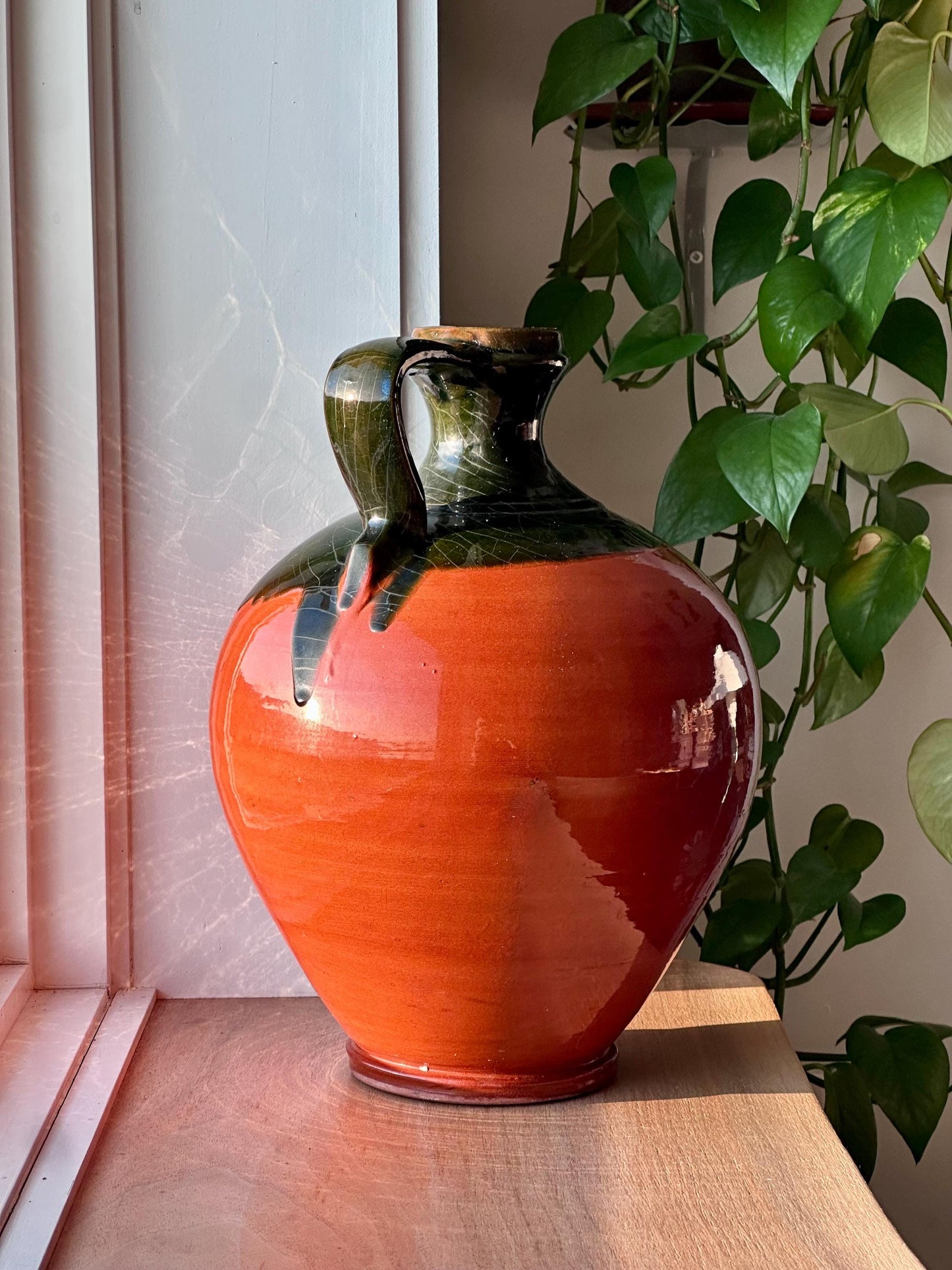 Large Vintage Redware Pitcher – Drip Glaze Handle Jug