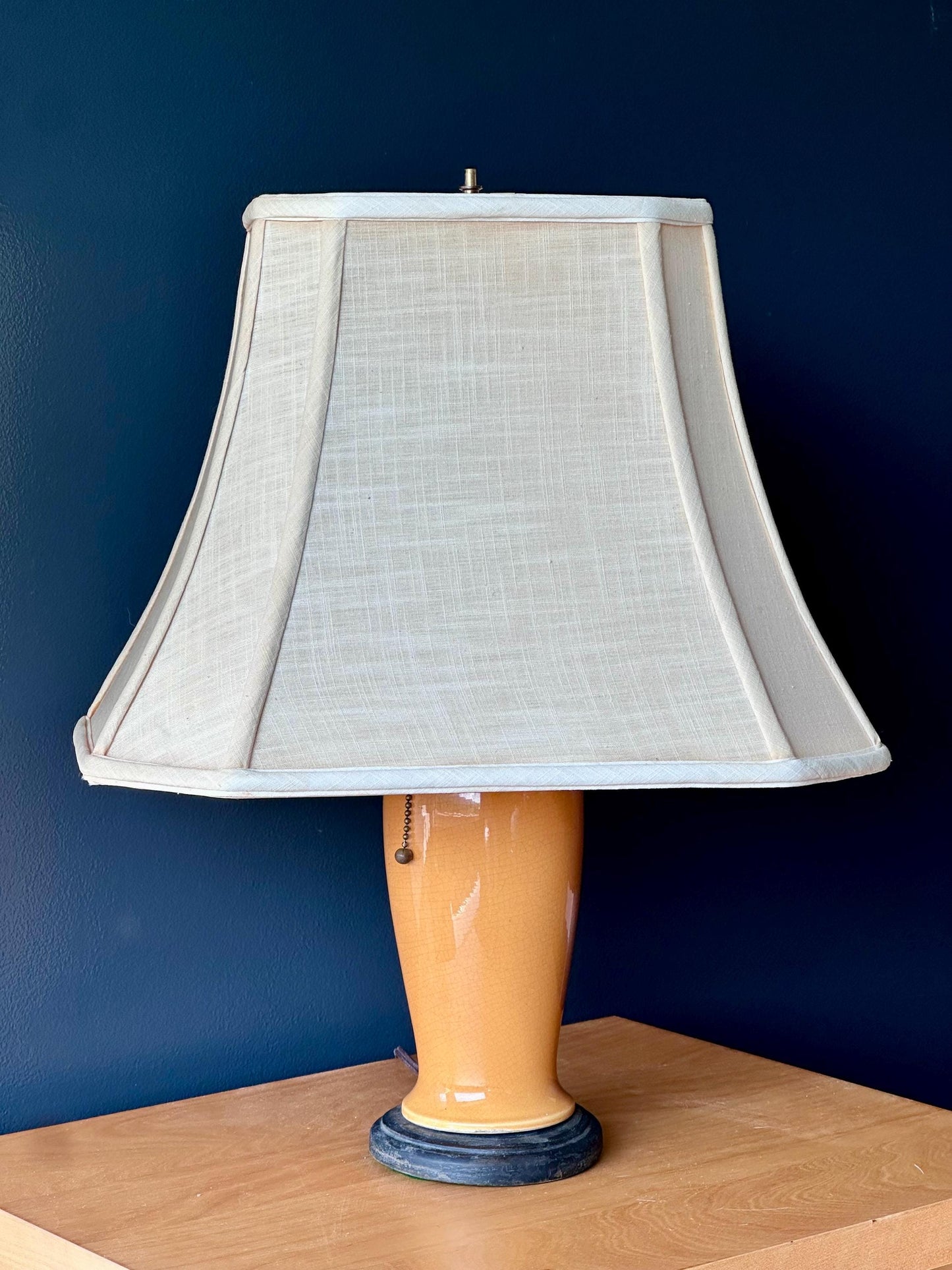 Vintage Ceramic Table Lamp with Crackle Glaze and Pagoda Shade – Warm Golden Ochre with Working Pull Chain