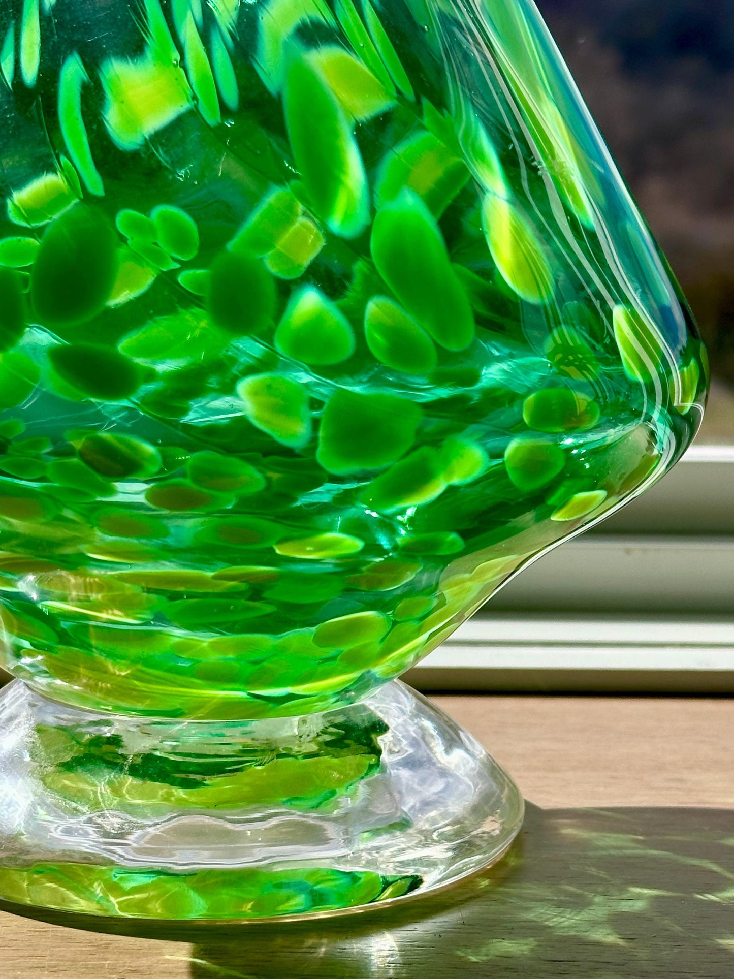 Large Vintage Hand Blown Art Glass Vase / Decanter – Emerald Green with Swirling Yellow Spots – Mid-Century Style