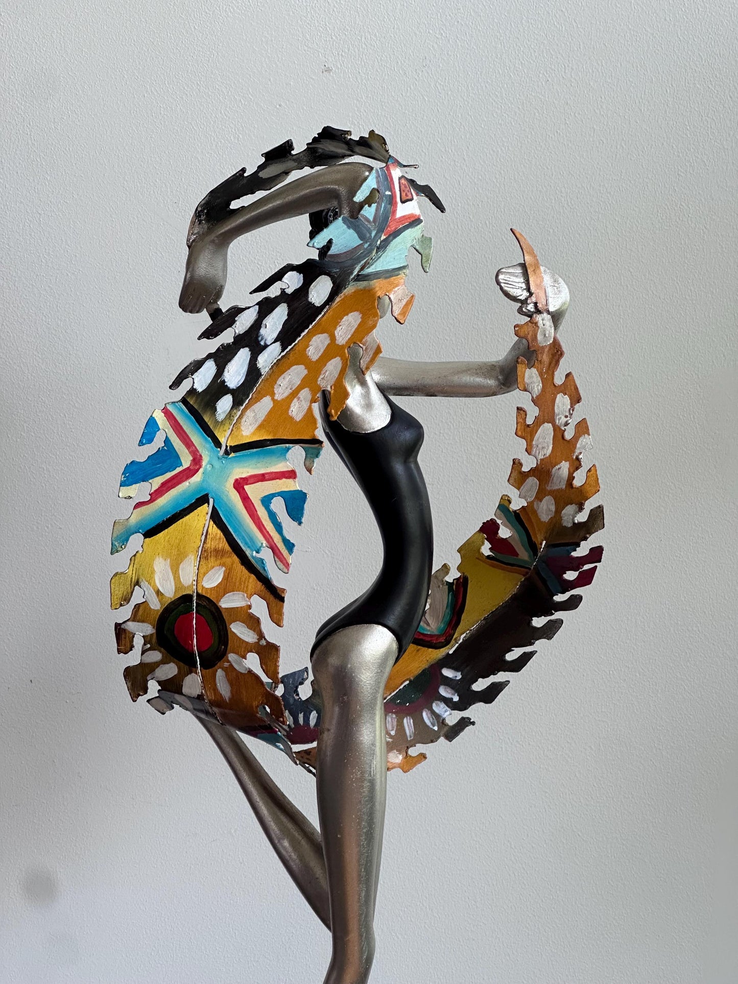 Hand-Painted Modernist Dancer Sculpture – Silver and Black with Abstract Multicolor Scarf