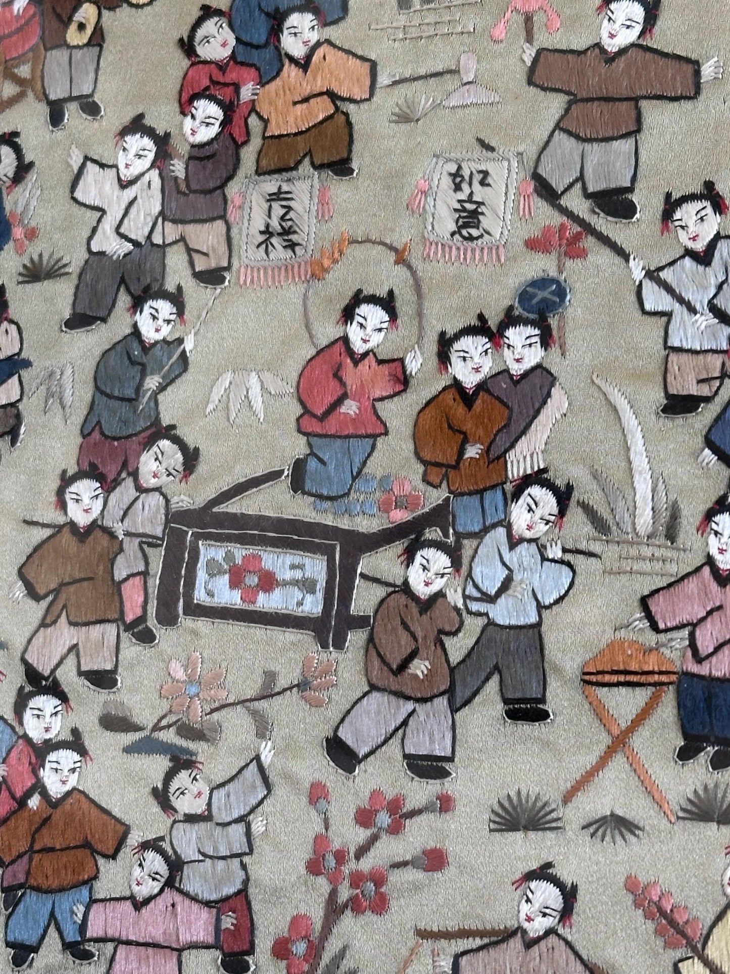 Antique Chinese Embroidery – Framed Silk Textile Art – 100 Children Celebration Scene