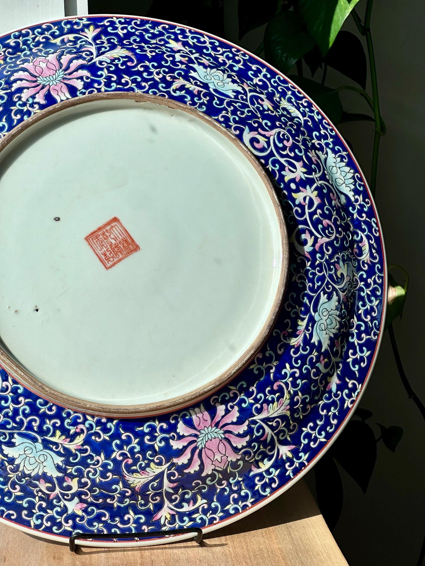 Large Famille Rose-Style Chinese Charger with Floral Lotus Motif