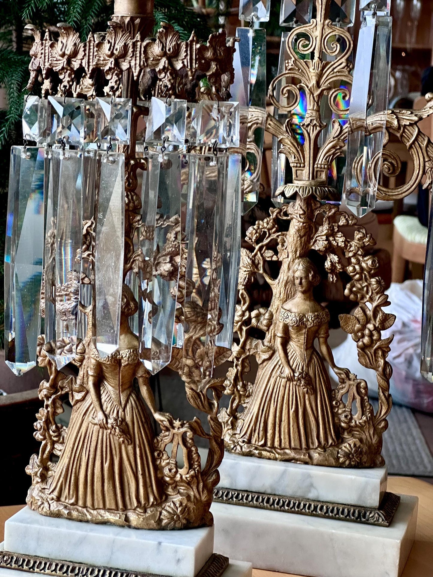 Antique Victorian/French Belle Epoque Three Piece Figural Cast Brass Girandole Candelabra Set w Prisms
