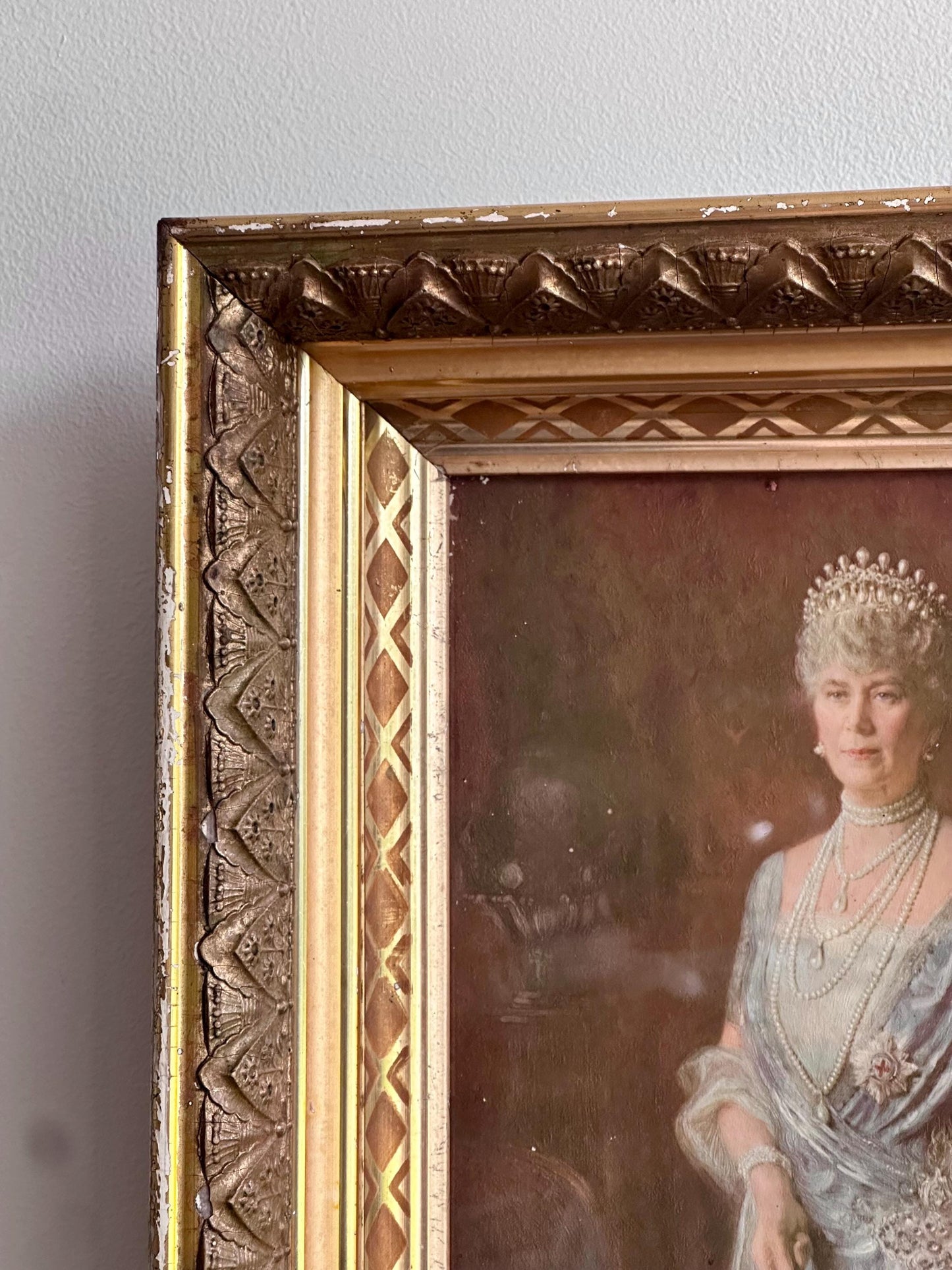 Antique Framed Portrait of Her Majesty Queen Mary | Gilded Ornate Wood Frame