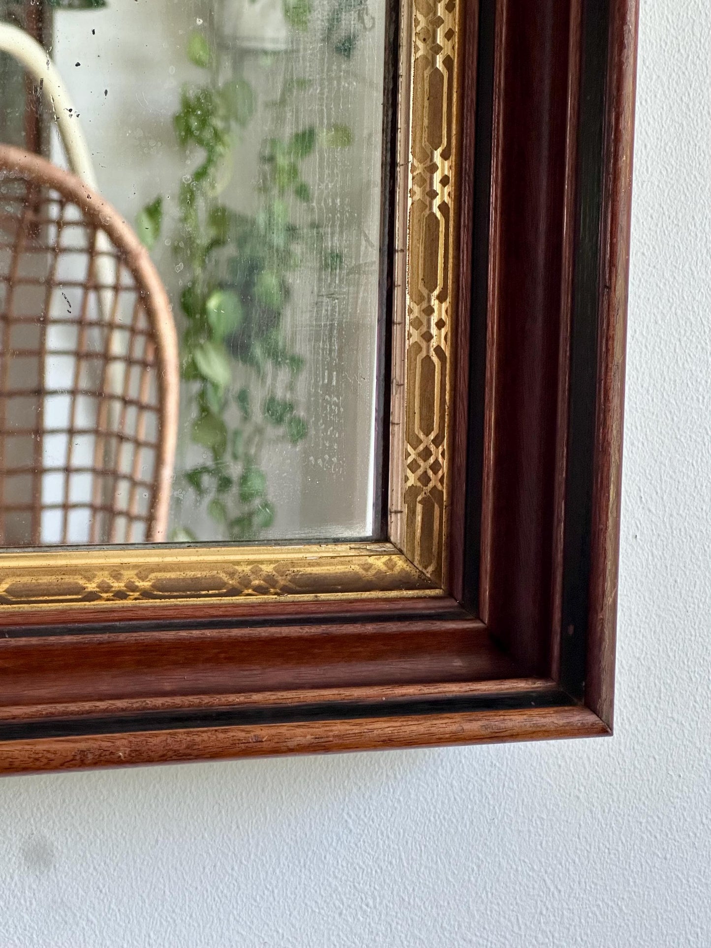 Antique Wall Mirror with Deep Wood Frame & Gilded Detailing | Late 19th Century Victorian Mirror | Thick Frame Beveled Edge Glass