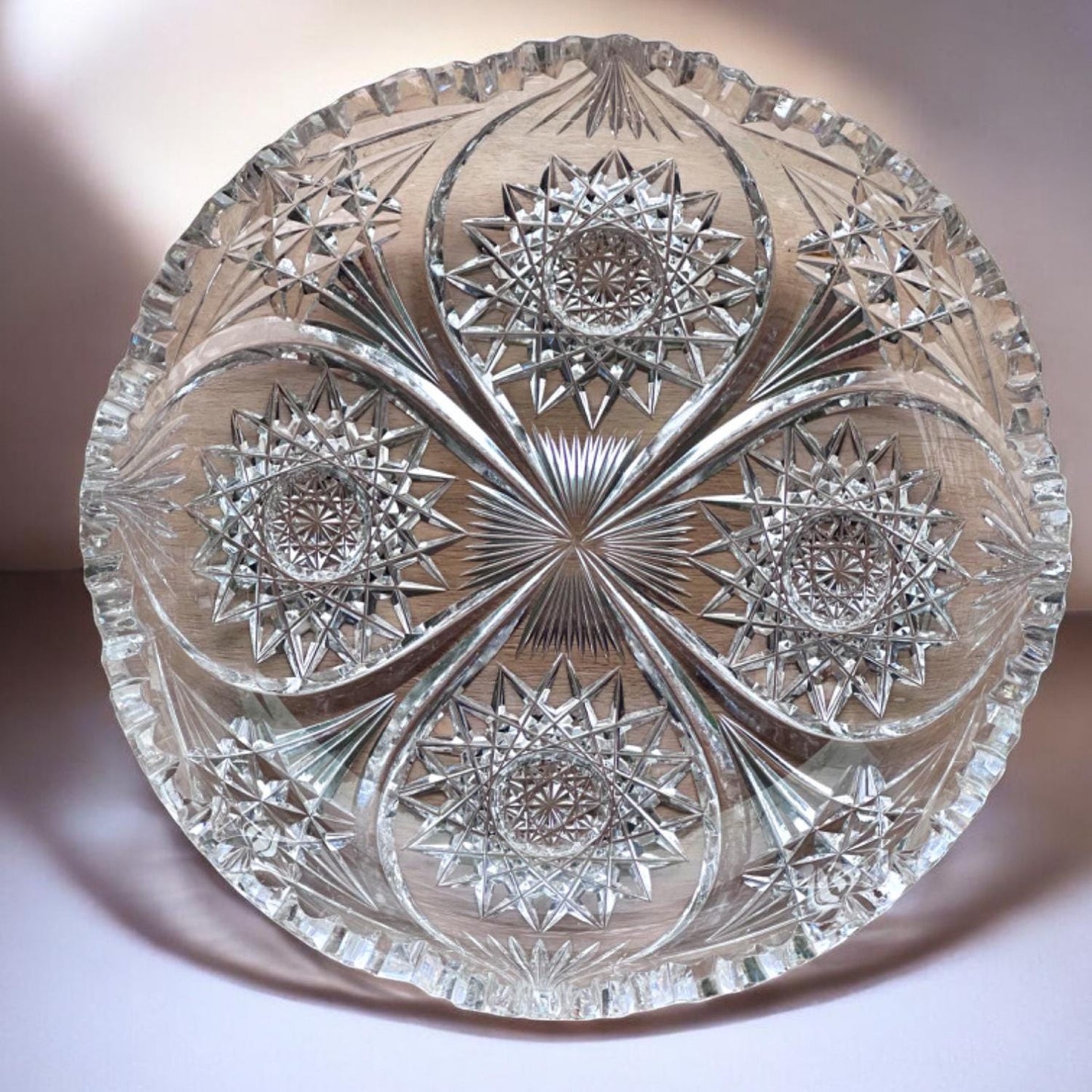 Antique American Brilliant Period Cut Glass Crystal Shallow Bowl – Star & Fan
