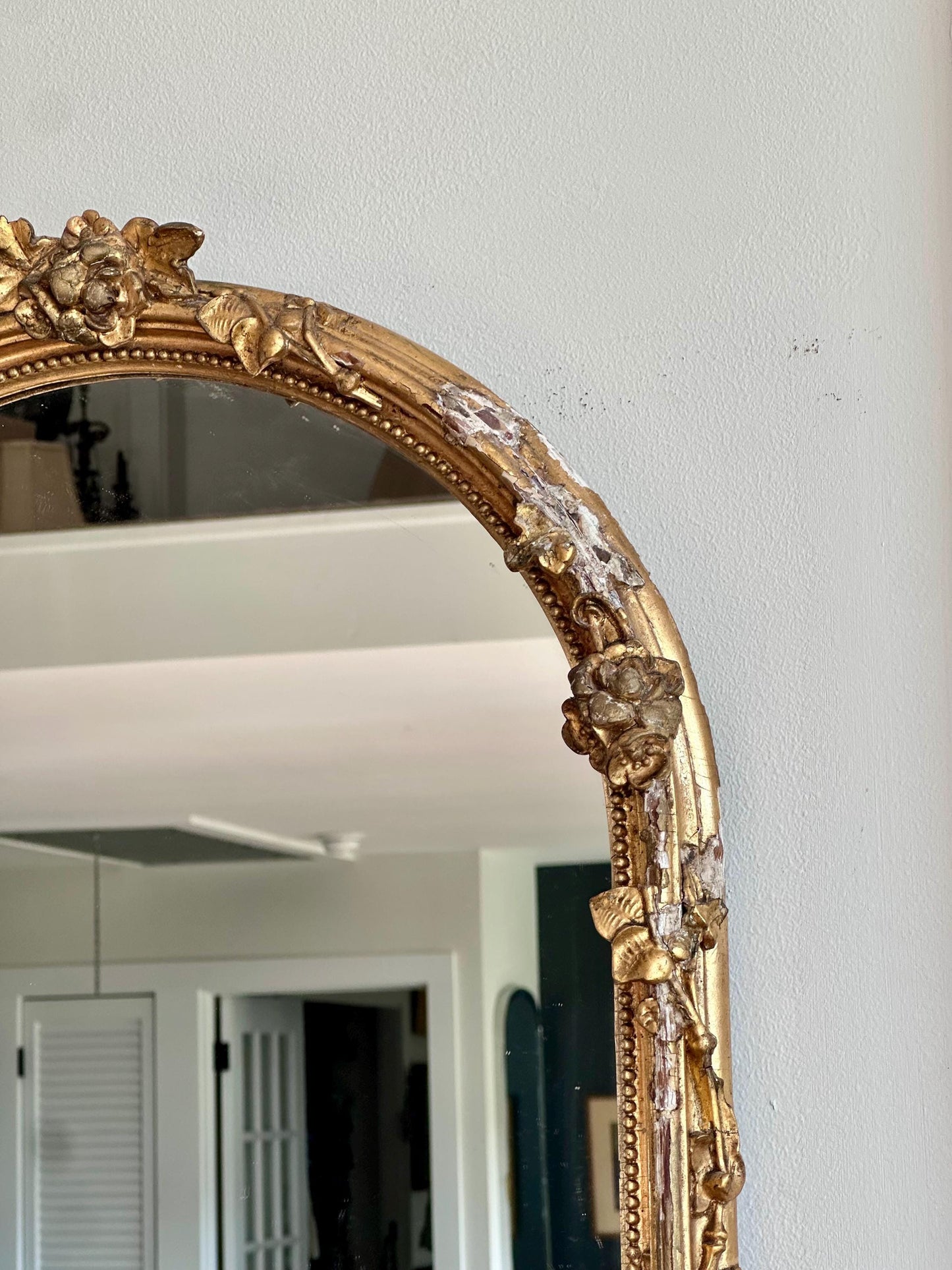 Antique Ornate Gilt Wood Mirror – Floral Carved Frame, Arched Top – French/Italian Design