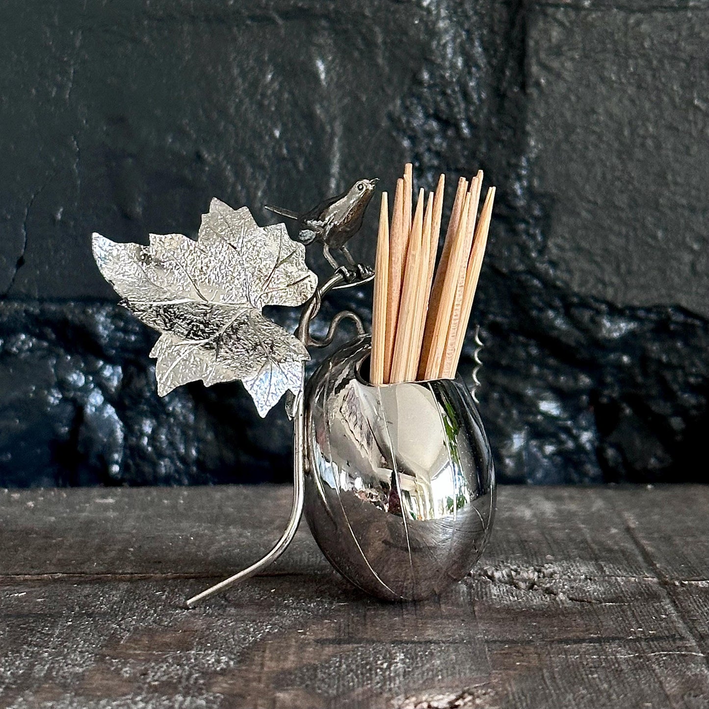 Exquisite Sterling Silver Bird, Leaf & Egg Toothpick Holder - Possibly Early Michael Aram