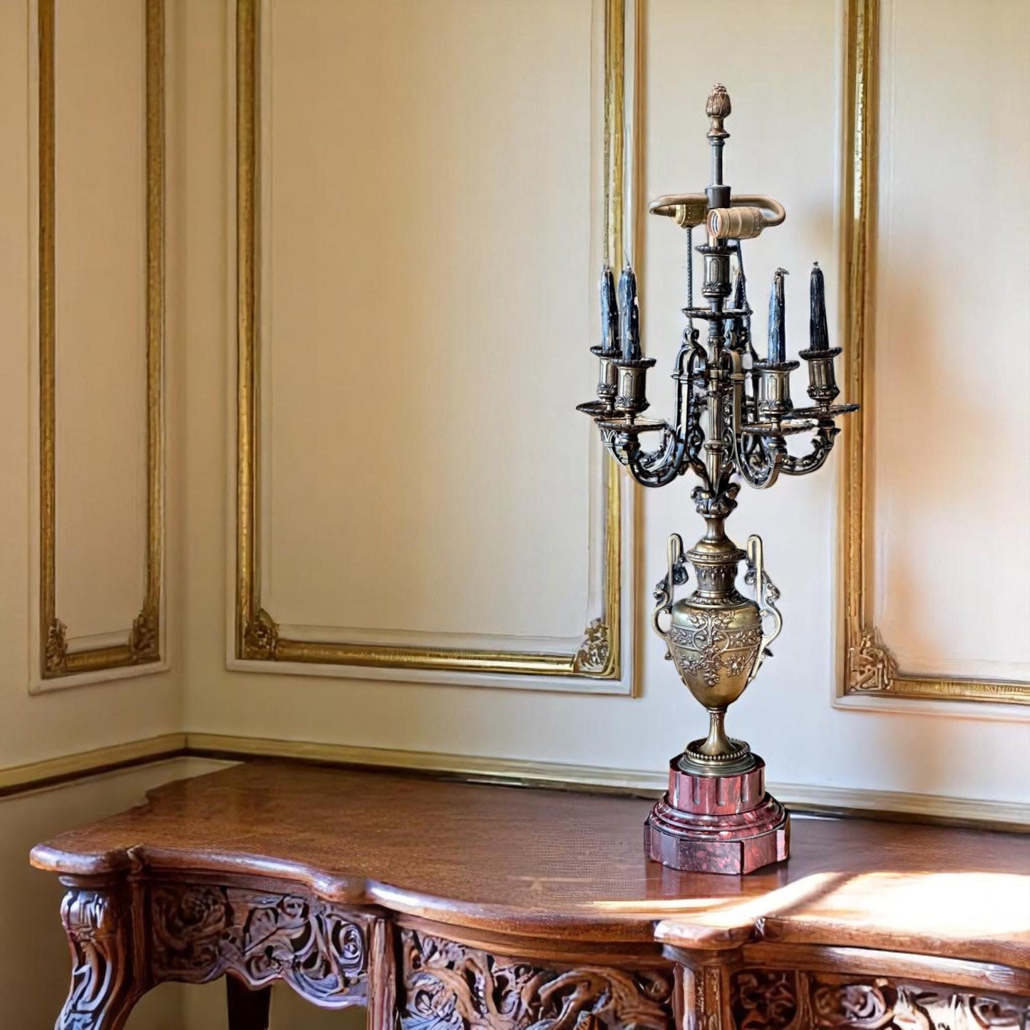 Antique Brass Candelabra Lamp with Red Marble Base