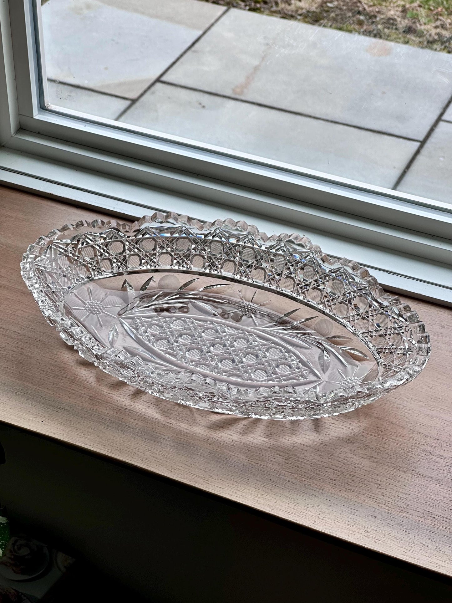Antique American Brilliant Period Cut Glass Crystal Dish – 15" Long