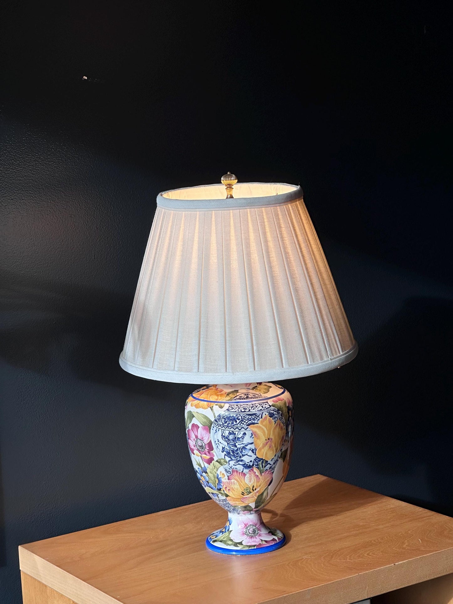 vintage italian floral ceramic table lamp with gracious home shade – vintage antique home decor from Mid Hudson Vintage
