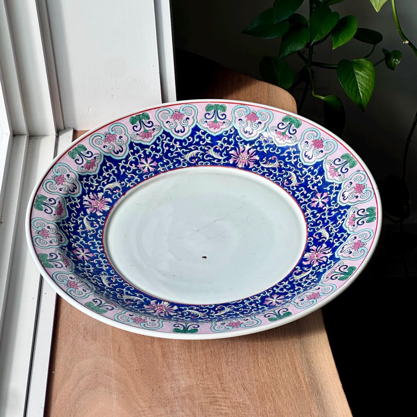 Large Famille Rose-Style Chinese Charger with Floral Lotus Motif