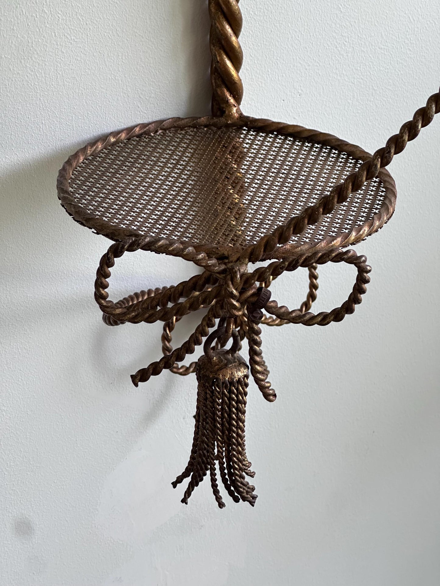 Vintage Hollywood Regency Brass Wall Shelf with Tassel and Bow Design - Made in Italy