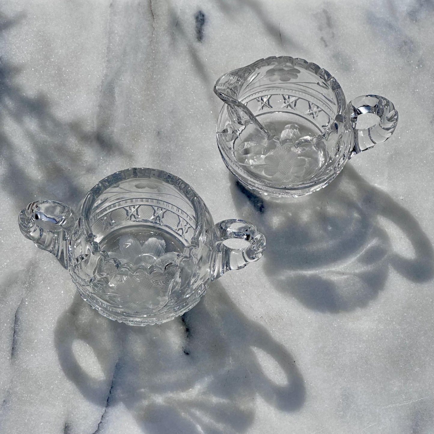antique crystal creamer sugar bowl set american brilliant period floral cut pattern with starburst base – vintage antique home decor from Mid Hudson Vintage