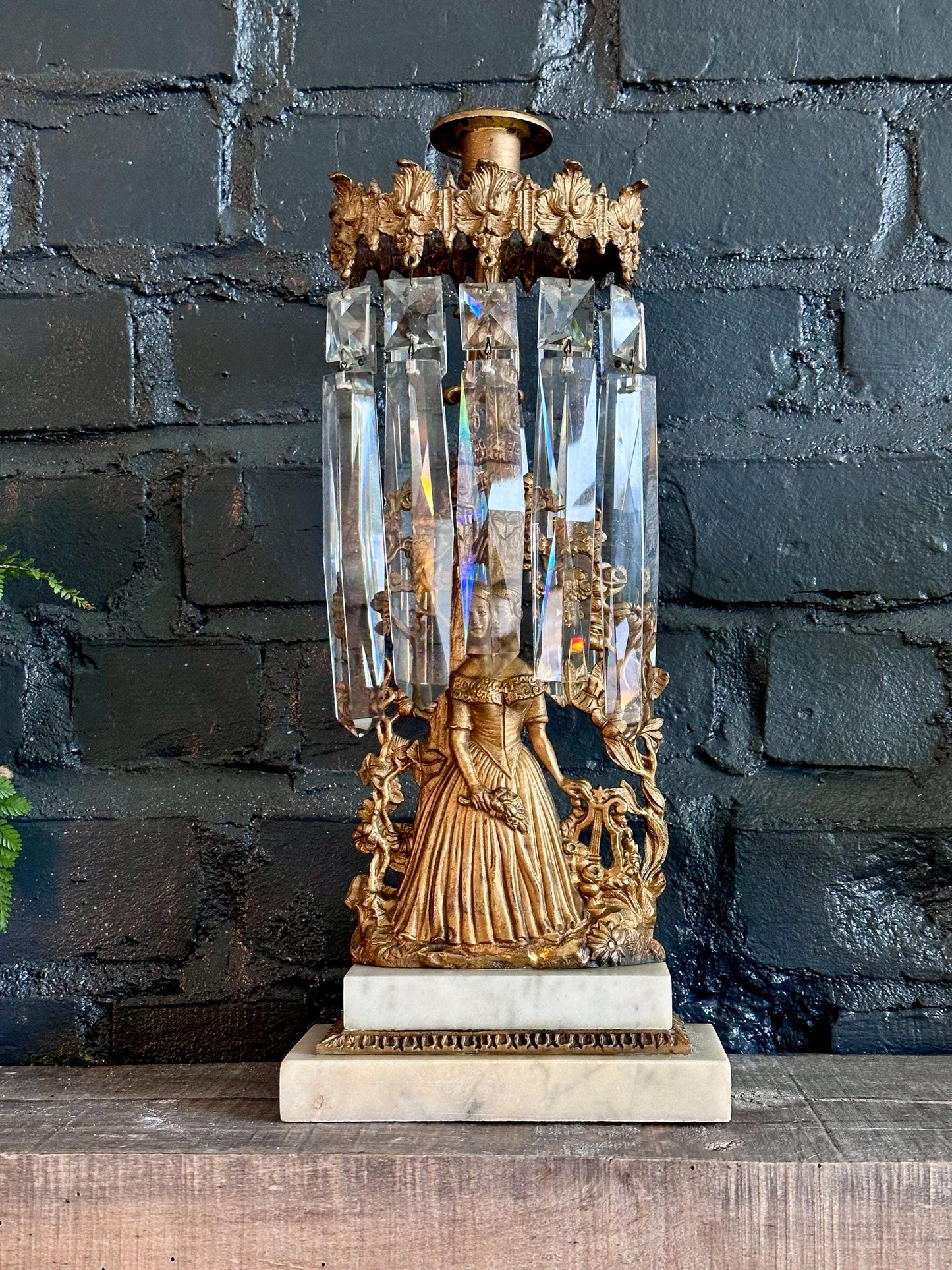 Antique Victorian/French Belle Epoque Three Piece Figural Cast Brass Girandole Candelabra Set w Prisms