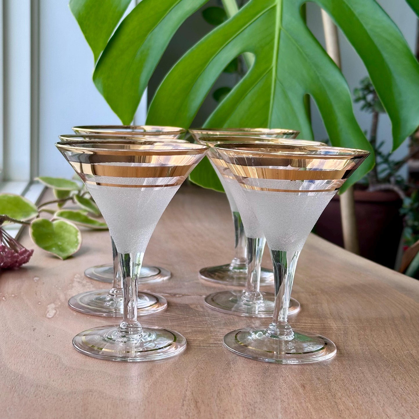 Vintage Art Deco Martini Glasses | Set of 6 | Frosted & Gold Band