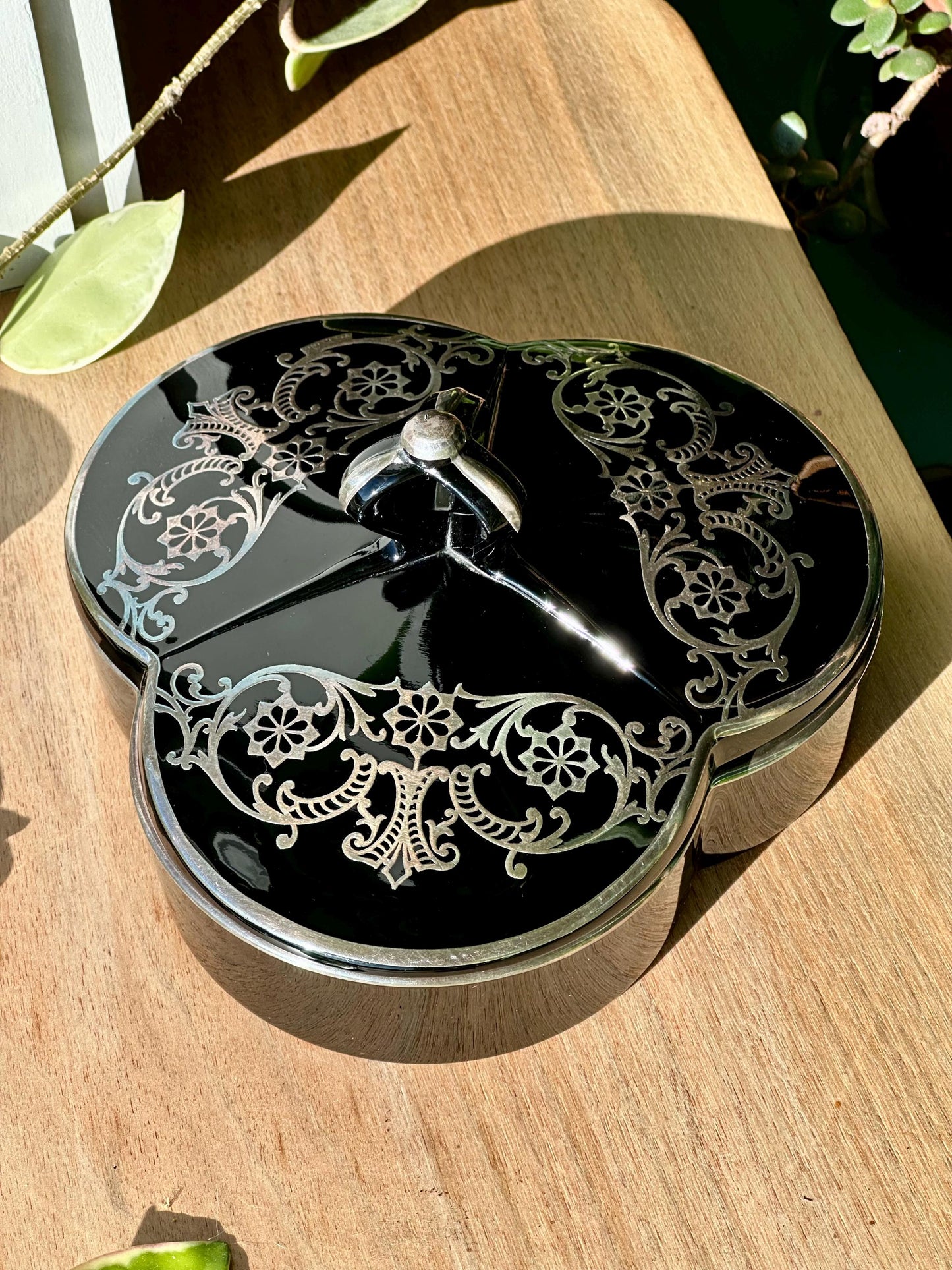 Vintage Art Deco Black Amethyst Glass Covered Candy Dish with Sterling Silver Overlay