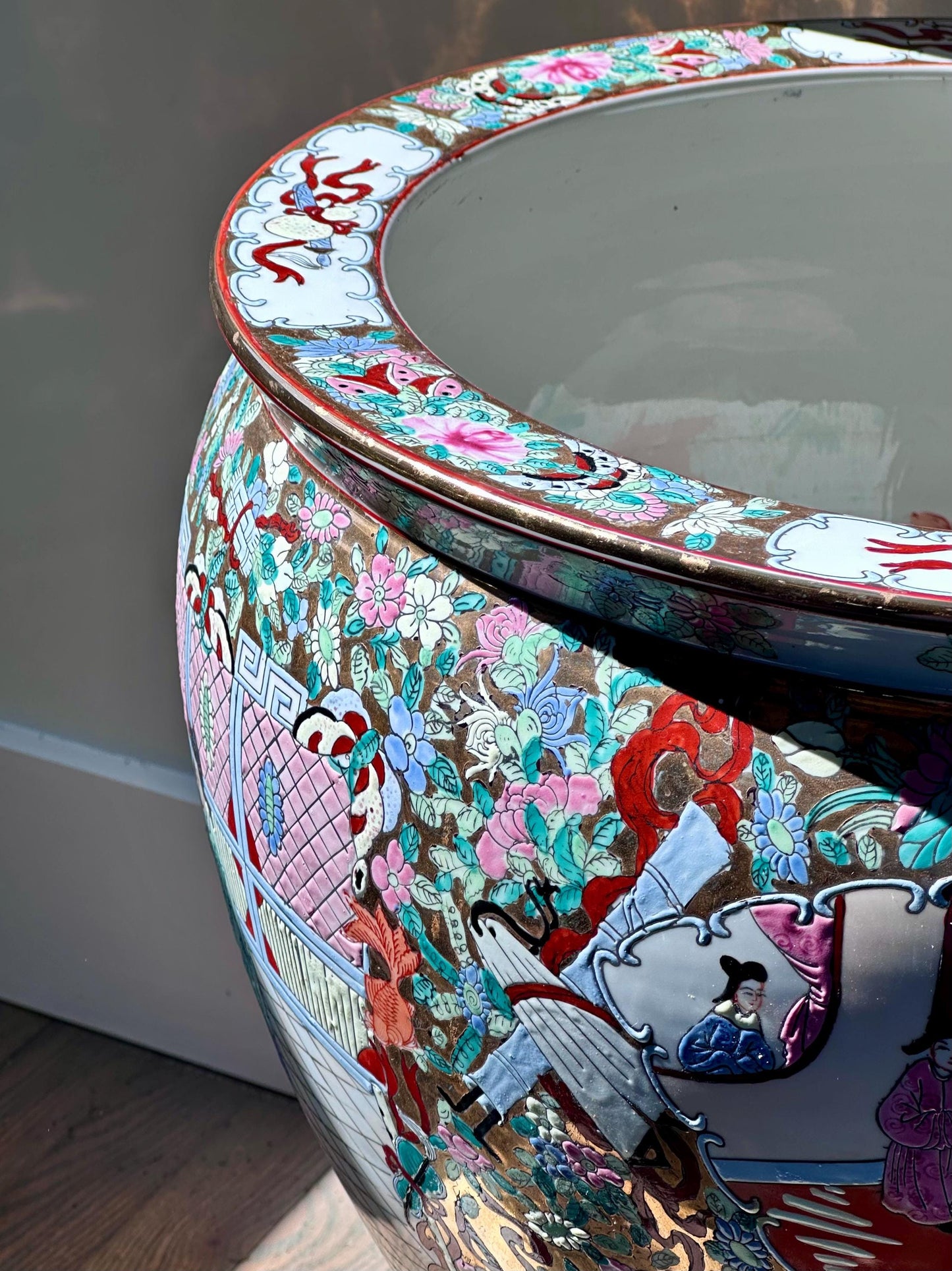 Large Hand-Painted Chinese Fishbowl Planter with Stand – Famille Rose Style