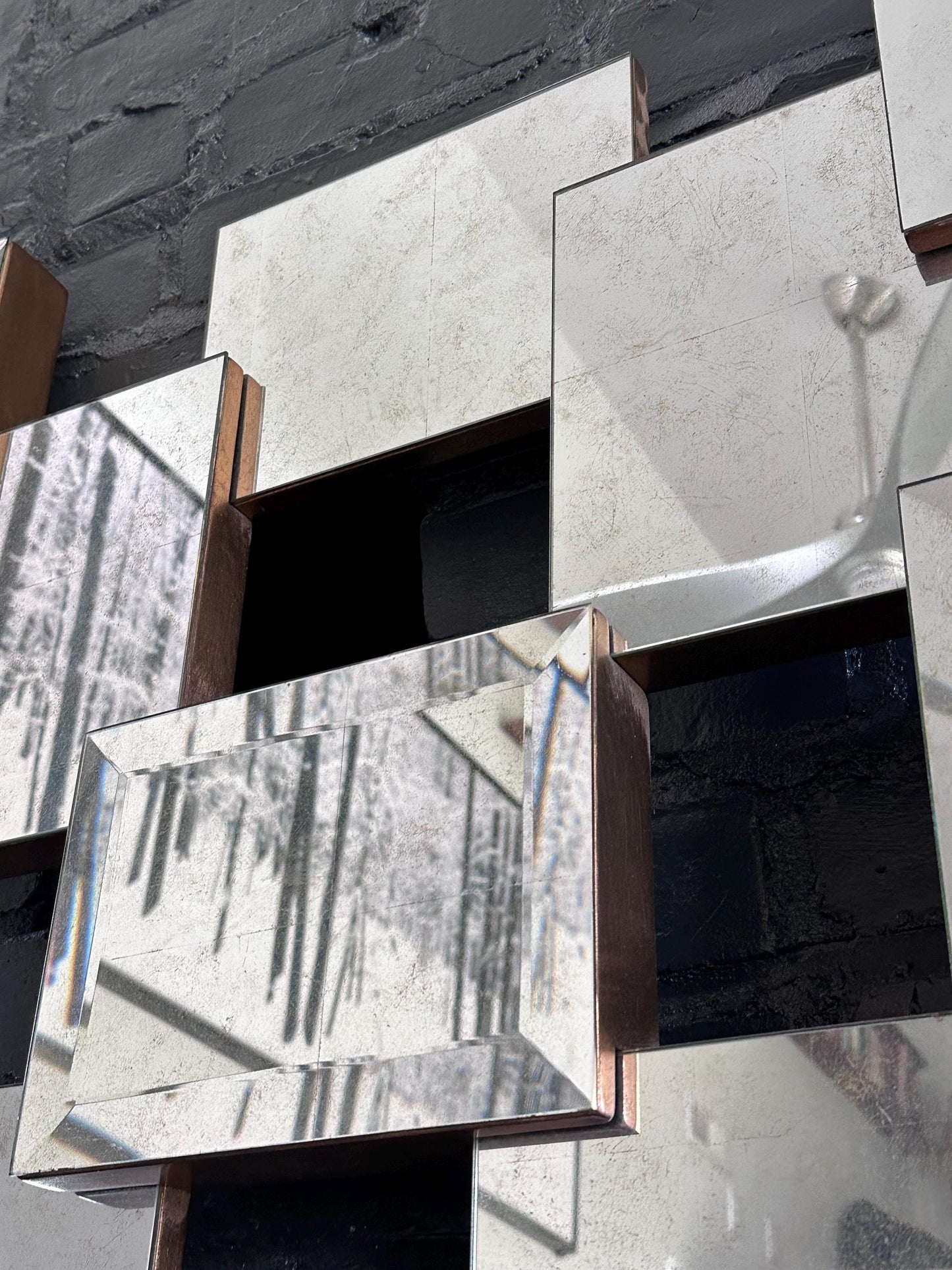 Geometric Brutalist Acid Wash Mirror Sculpture by John Richard