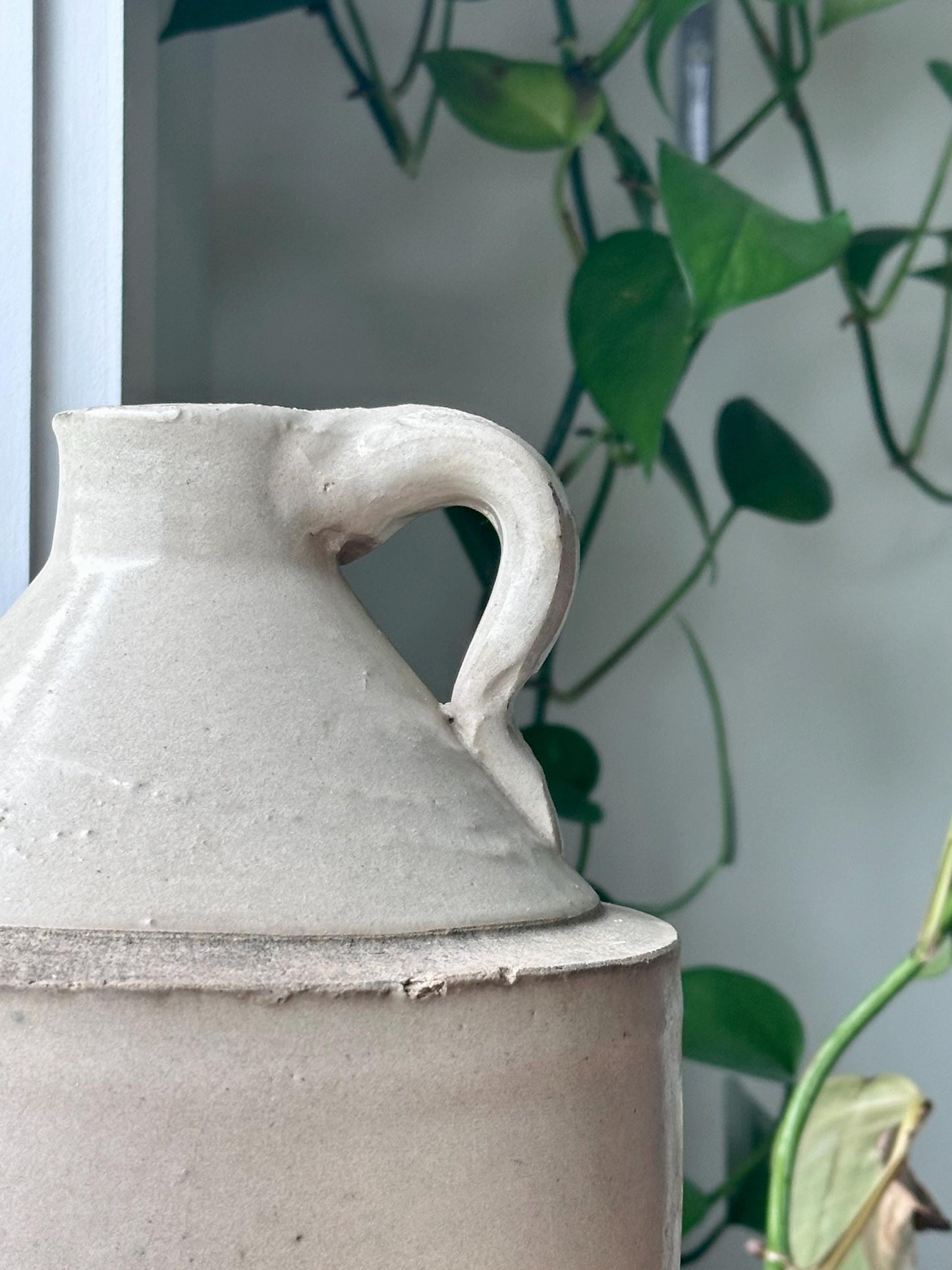 ntique Stoneware Jug with Primitive Handle | Early American Whiskey or Molasses Jug | Rustic Farmhouse Crock Decor