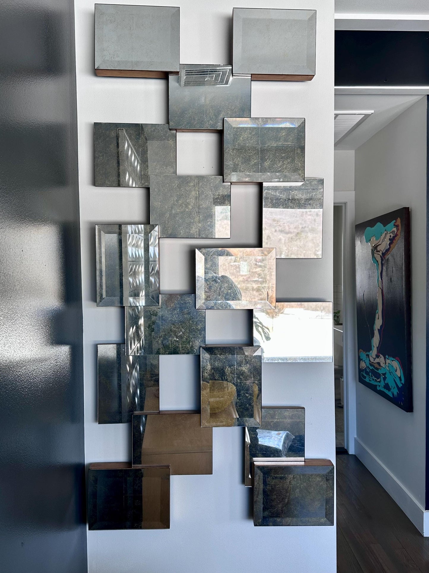 Geometric Brutalist Acid Wash Mirror Sculpture by John Richard