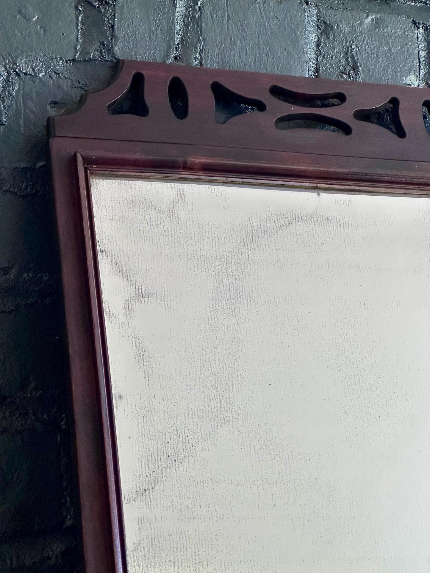 Antique Rectangular Wall Mirror with Fretwork Top