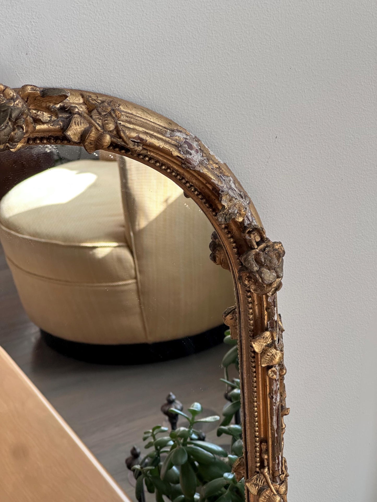 Antique Ornate Gilt Wood Mirror – Floral Carved Frame, Arched Top – French/Italian Design
