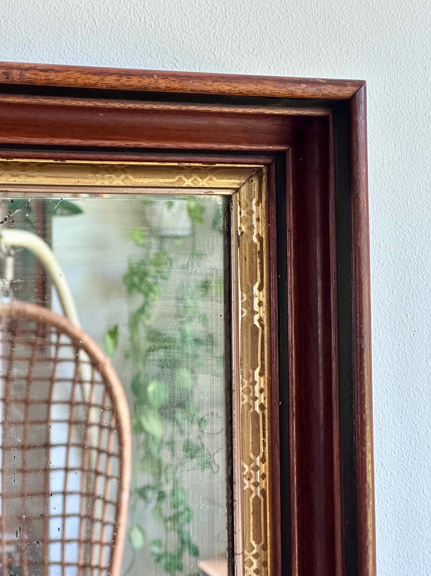 Antique Wall Mirror with Deep Wood Frame & Gilded Detailing | Late 19th Century Victorian Mirror | Thick Frame Beveled Edge Glass