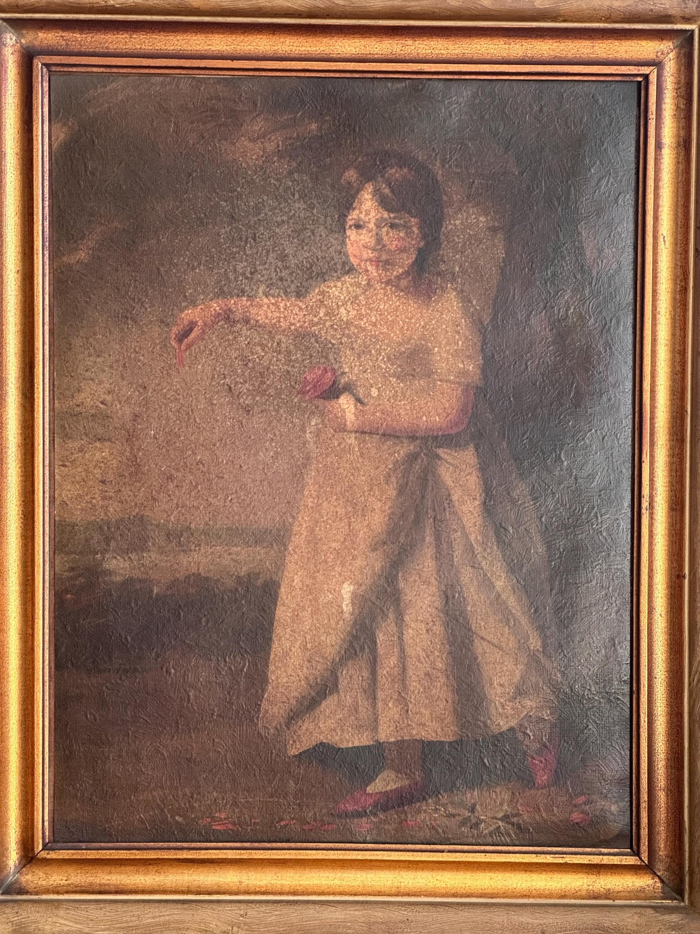 Antique Oil Painting "Child With Rose" – 19th Century Portrait in Gilt Frame – Style of Raeburn