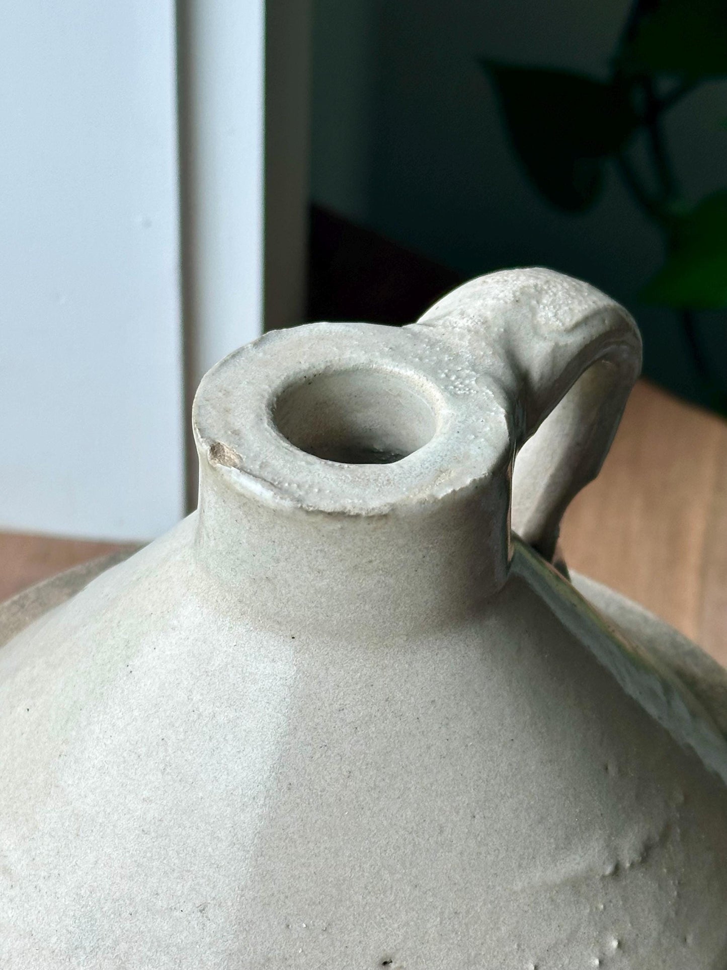 ntique Stoneware Jug with Primitive Handle | Early American Whiskey or Molasses Jug | Rustic Farmhouse Crock Decor