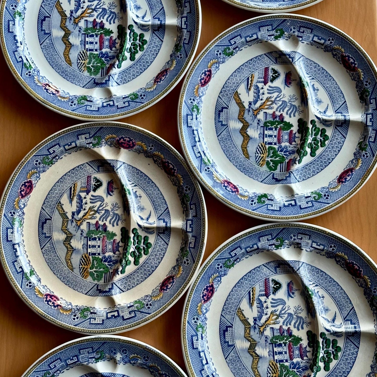 Set of 6 Antique Booths "Davenport Willow" Divided Grill Plates - English Blue Willow China | Hand-Painted with Gold Trim