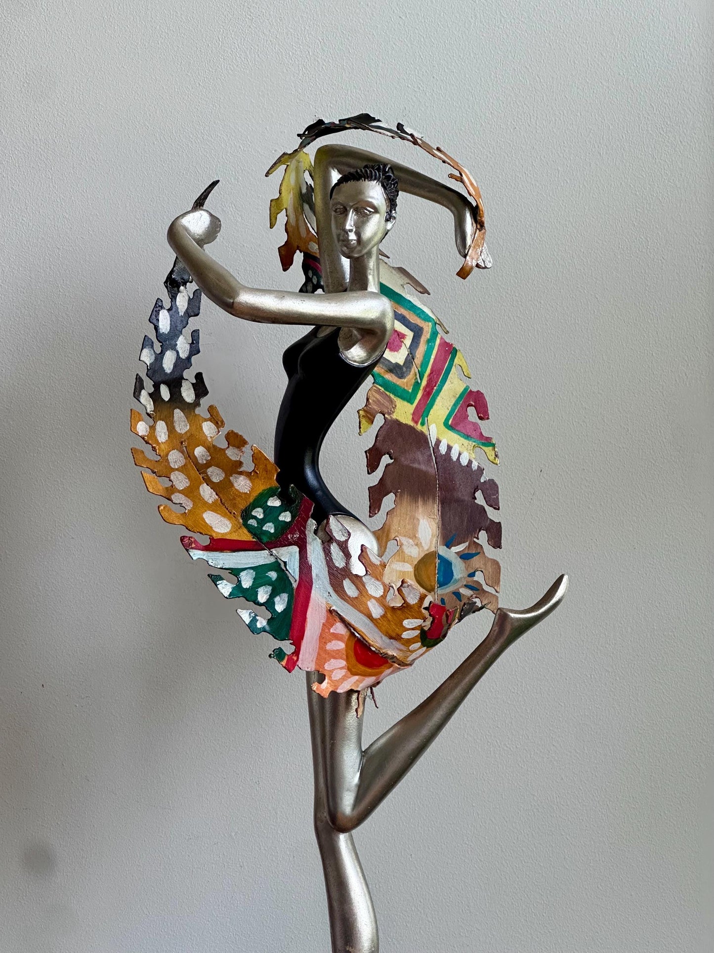 Hand-Painted Modernist Dancer Sculpture – Silver and Black with Abstract Multicolor Scarf