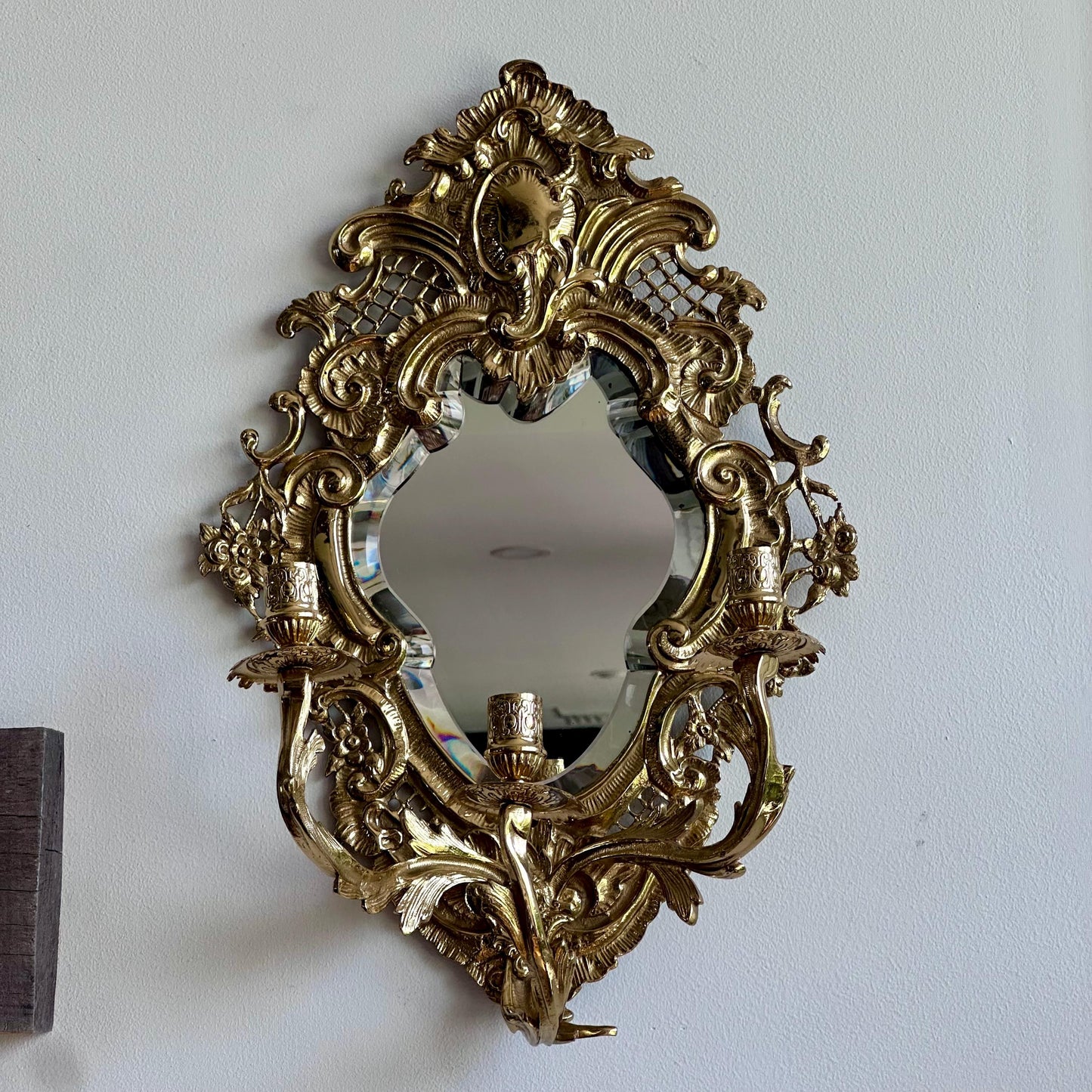 Pair of Vintage Ornate Gilded Brass Wall Sconces with Beveled Mirrors and Candle Holders – Rococo Hollywood Regency Style