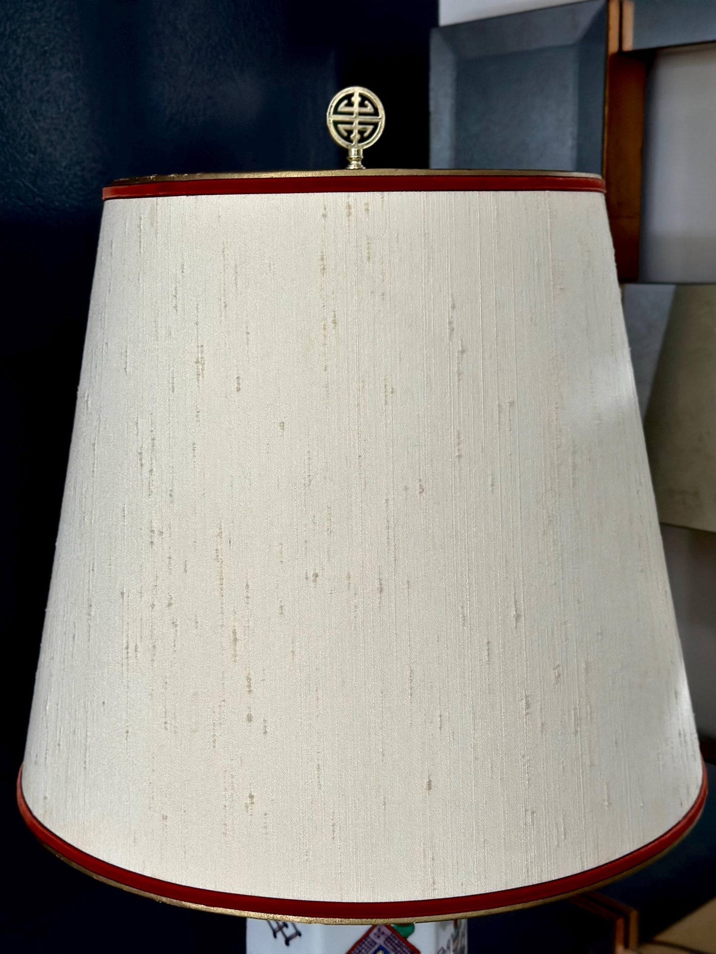 Vintage Chinese Porcelain Hexagonal Lamp with Hand-Painted Famille Rose Motifs and Wood Accents