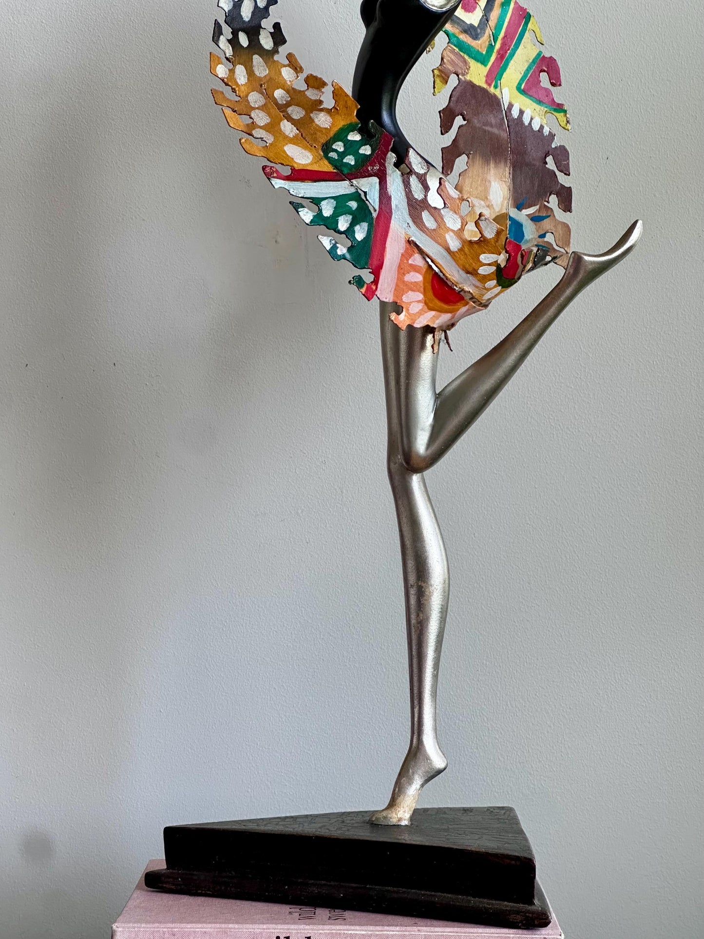 Hand-Painted Modernist Dancer Sculpture – Silver and Black with Abstract Multicolor Scarf