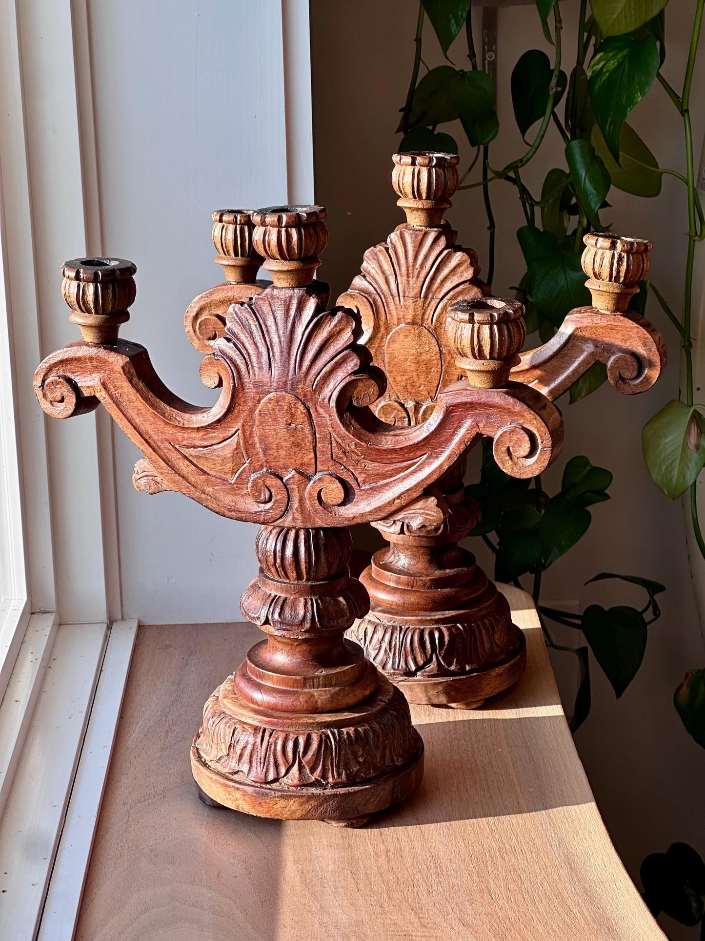 Antique Hand-Carved Wooden Candelabra Candlestick Holders – Ornate Pair with Three-Light Arms