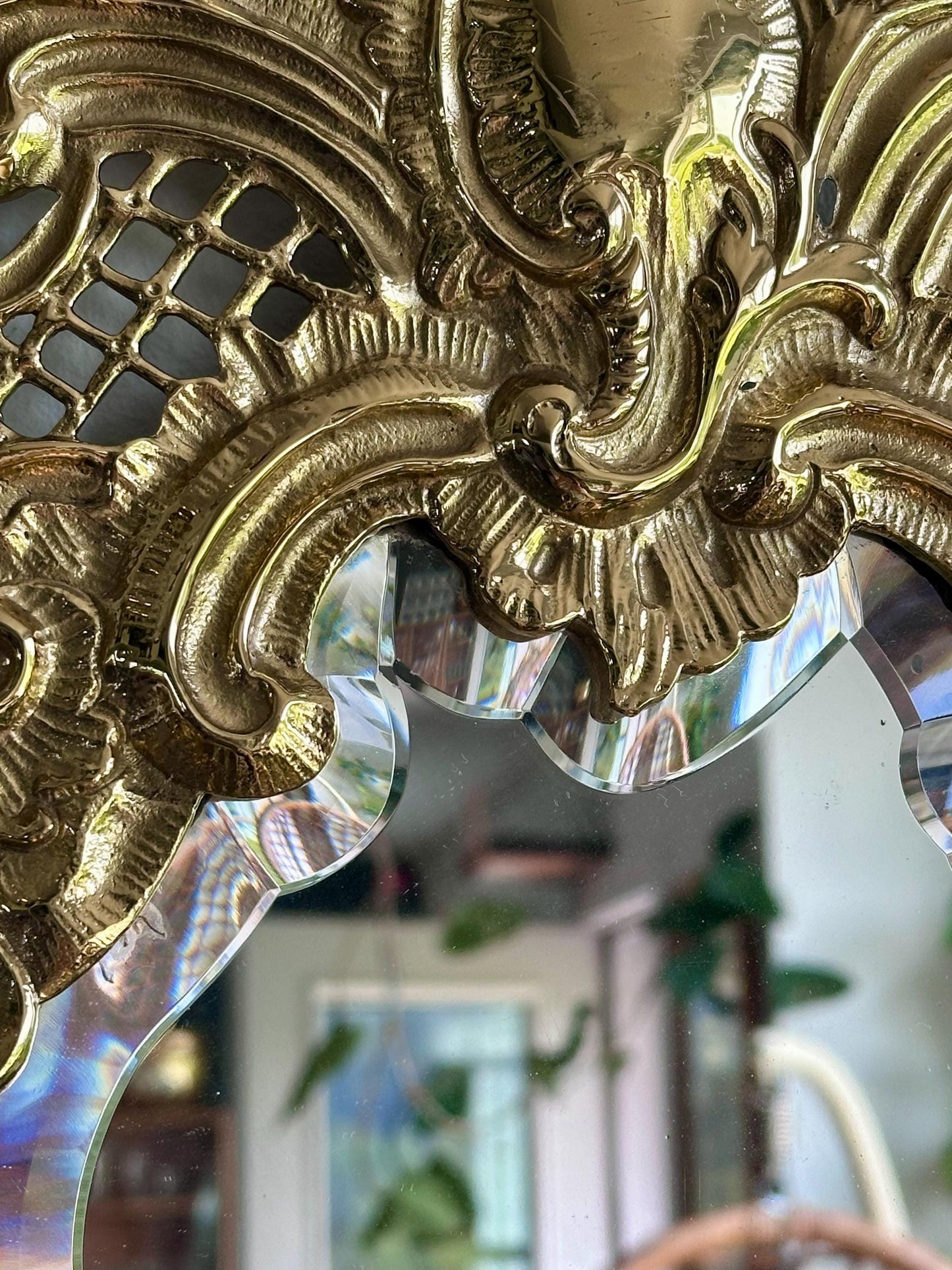 Pair of Vintage Ornate Gilded Brass Wall Sconces with Beveled Mirrors and Candle Holders – Rococo Hollywood Regency Style