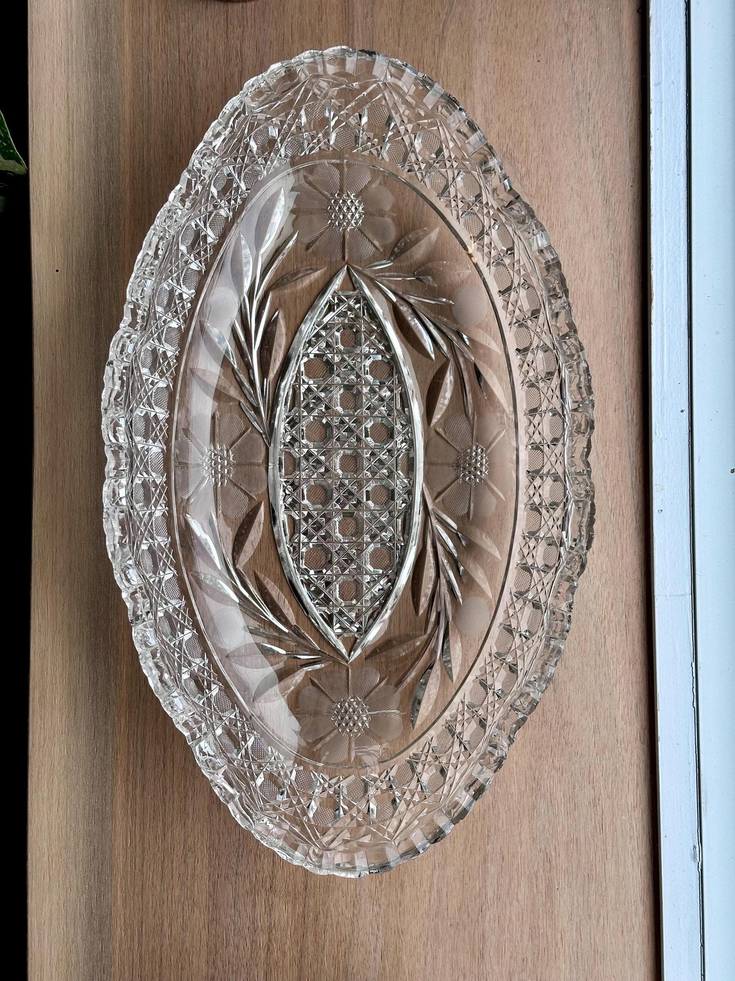 Antique American Brilliant Period Cut Glass Crystal Dish – 15" Long