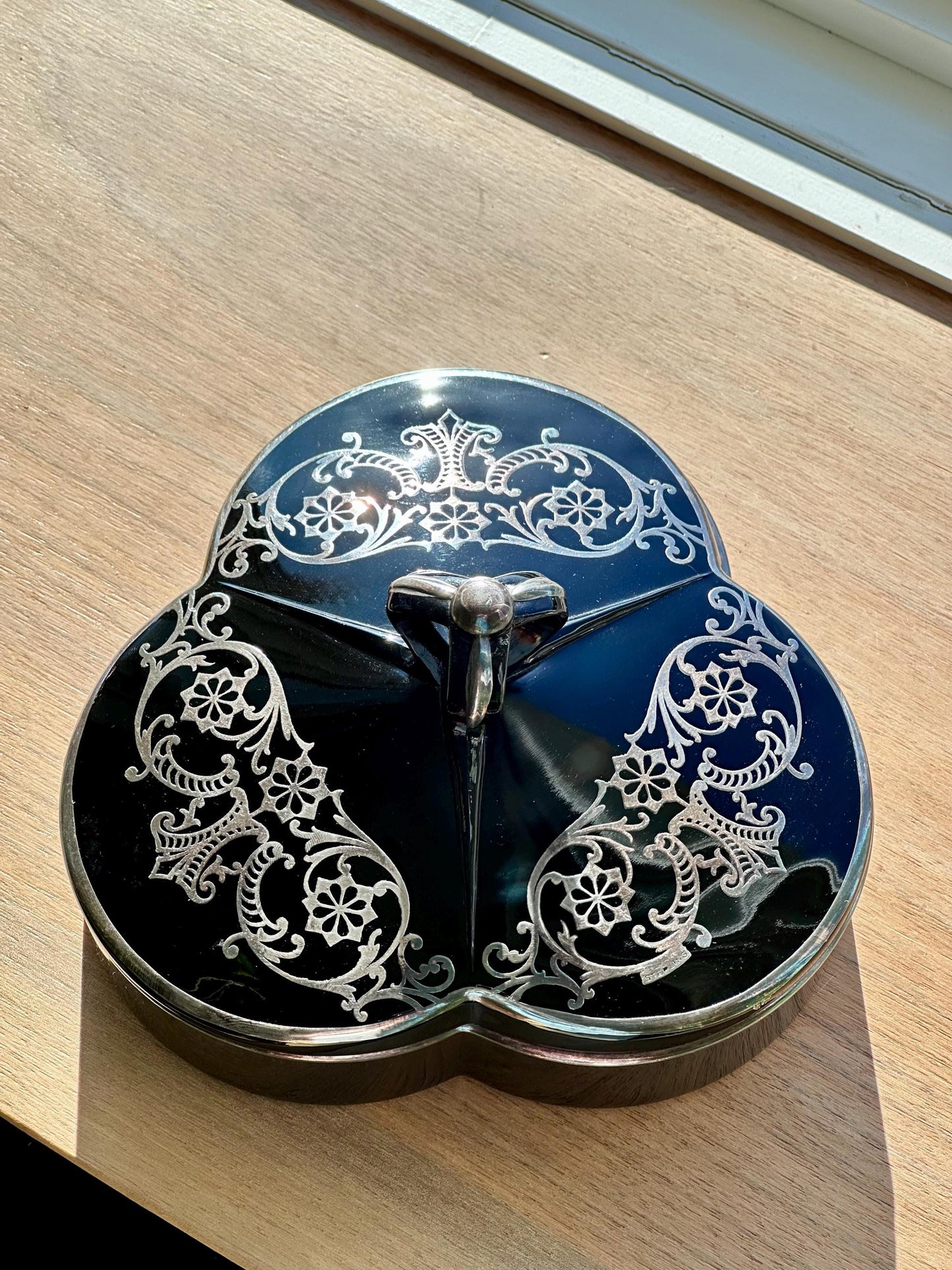 Vintage Art Deco Black Amethyst Glass Covered Candy Dish with Sterling Silver Overlay