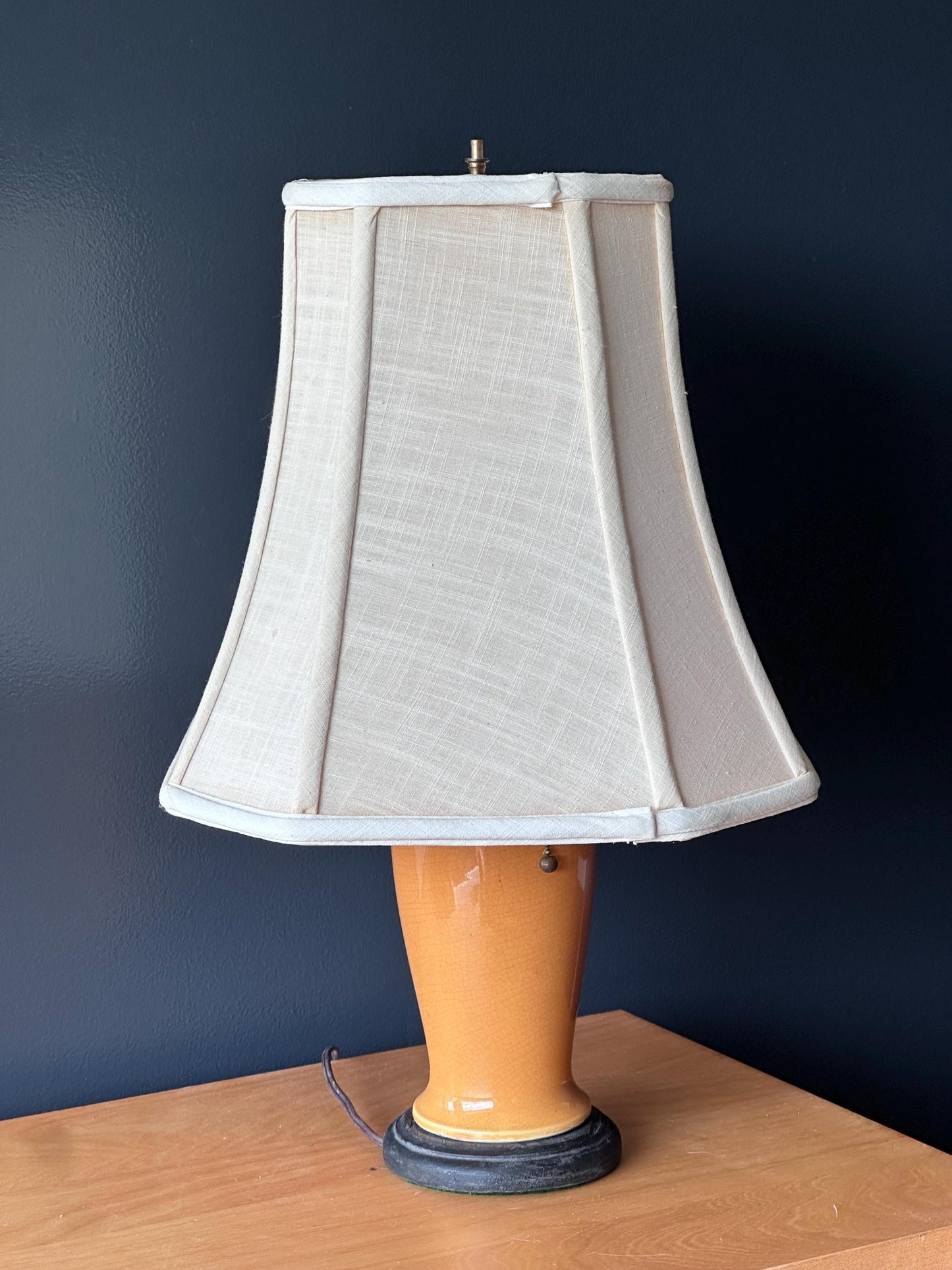 Vintage Ceramic Table Lamp with Crackle Glaze and Pagoda Shade – Warm Golden Ochre with Working Pull Chain