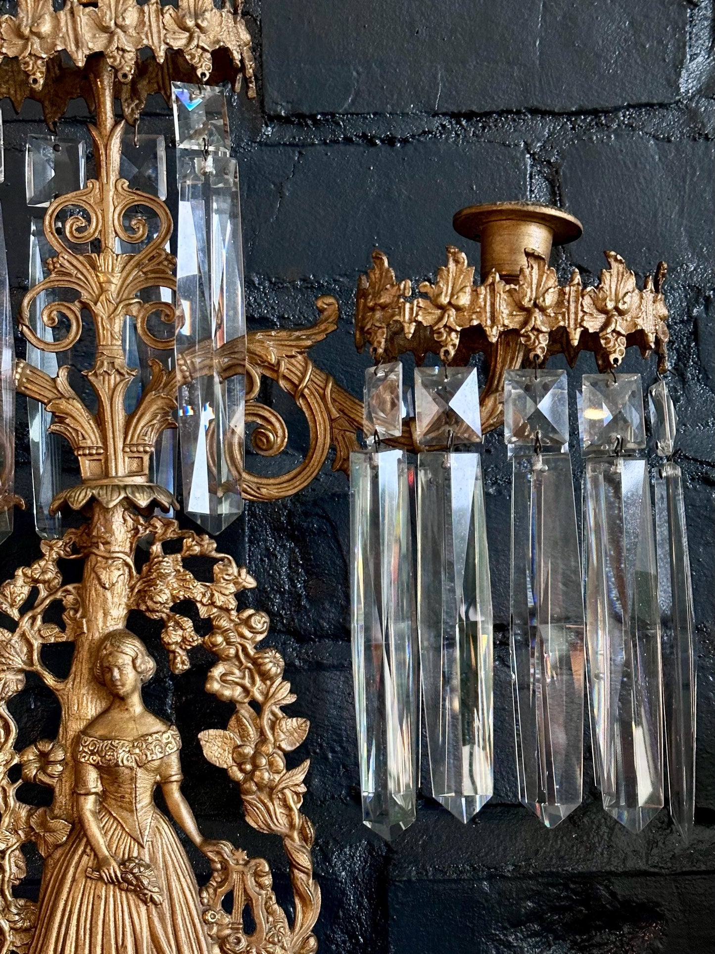 Antique Victorian/French Belle Epoque Three Piece Figural Cast Brass Girandole Candelabra Set w Prisms